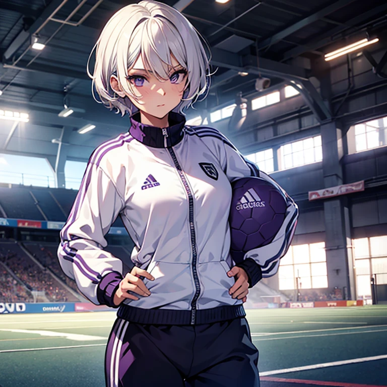 Athletic girl, track suit, short white hair, light purple eyes, tom boy, single picture, playing soccer