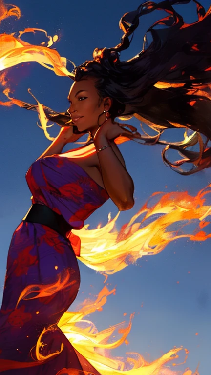 a photograph a middle aged black woman 37 years old, youthful appearance, with long straight windswept tresses, her hair flowing in the wind like flames against a twilight sky, emanating untamed beauty