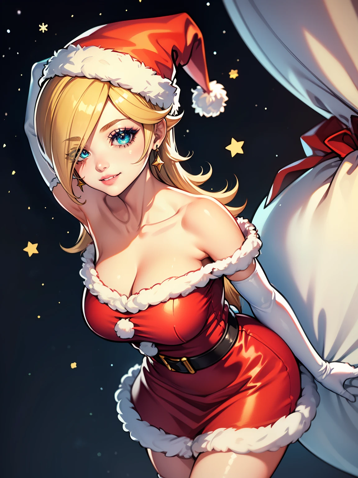 1girl, solo, masterpiece, best quality, high res, highly detailed, (illustration), beautiful detailed eyes, rosalina ,glossy lips, makeup, smile, long white satin elbow gloves, cowboy shot, (santa), red santa dress, santa hat, strapless dress, full body, white elbow gloves