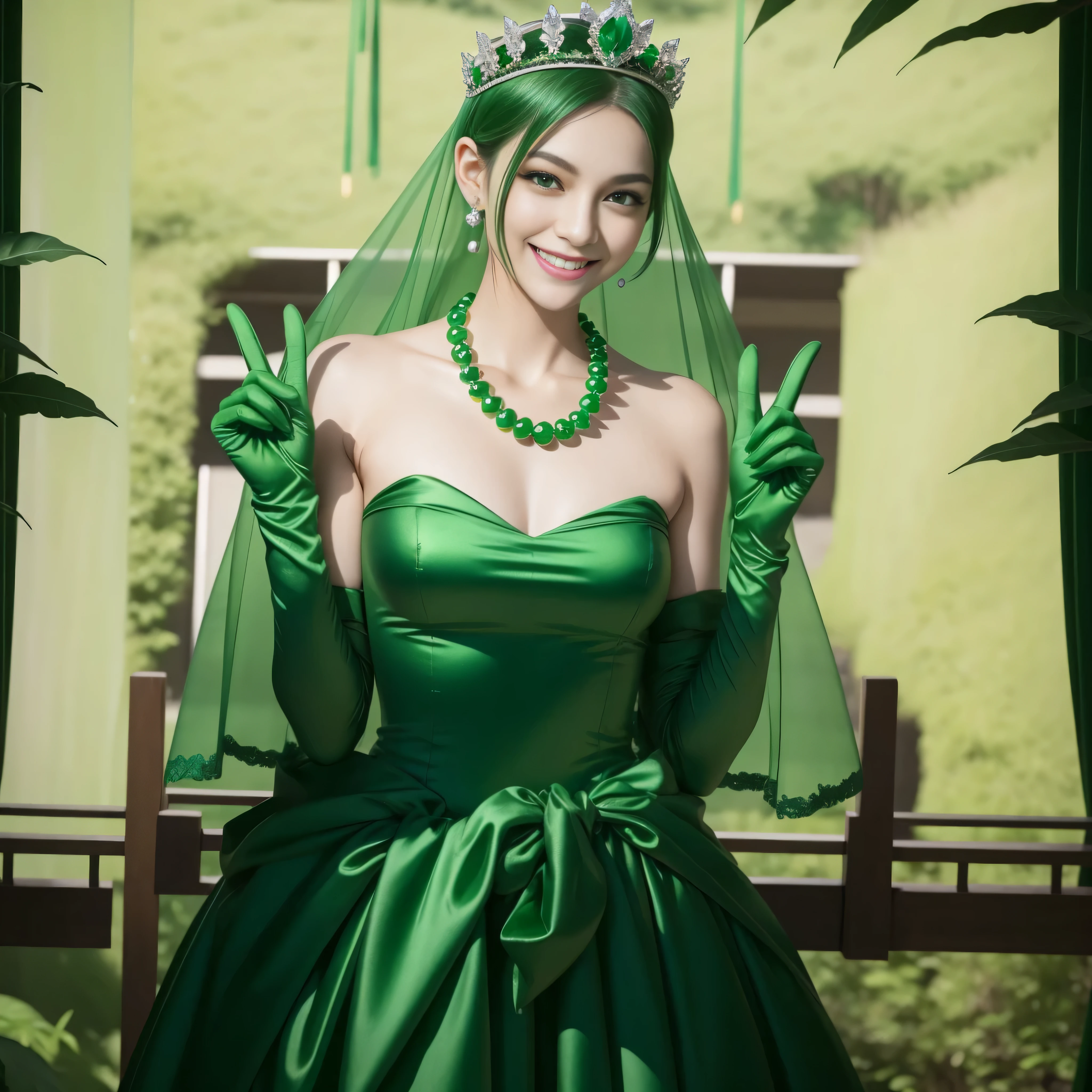 emerald tiara, Green Pearl Necklace, Boyish very short green hair, lipstick, Japan woman smiling, very short hair, Big beautiful, green eyes, Long green gloves made of satin material, green eyes, V sign, Emerald Earrings, green vale