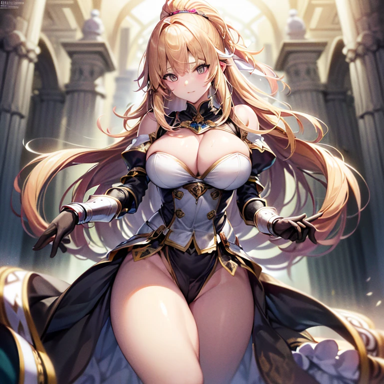 ((illustration of training blonde princess Knight at royal palace), Masterpiece, best quality, (absurdres)), ((highres)), (ultra-detailed:1.3), (full body shot:1.3), (1 girl:1.3), character focus, BREAK, (wearing a white knight heavy armo:1.37), plate mail, BREAK, (blonde hair:1.ony-tail hair with blue hair ribbon), (large breasts:1.37, disproportionate-breasted:1.27), slender, abs, clean face, detailed beautiful face, (beautiful anime waifu face:1.3), full-face blush, sweat, fog, steam, gorgeous royal palace at early morning background, (standing, open stance, random dynamic posing), serious emotion, princess smile, detailed eyes, detailed arms, detailed hands, detailed figures, detailed body, sharp focus, centered image, looking straight viewer,