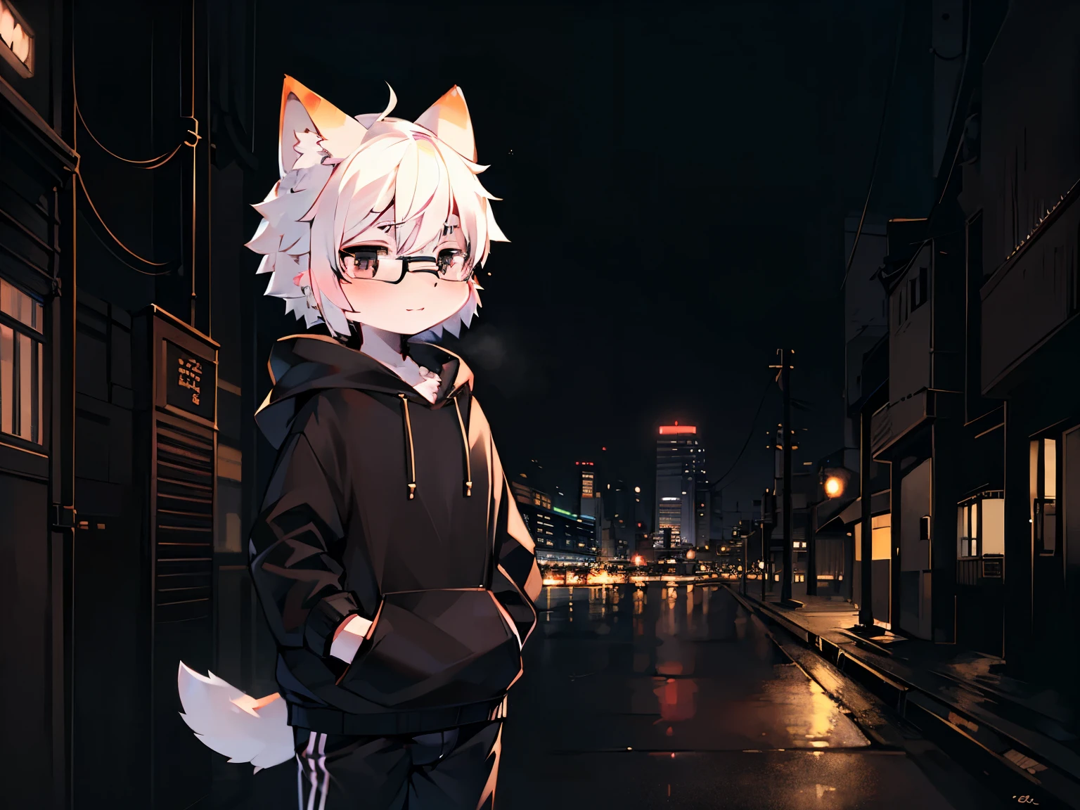 Solo, kemono, femboy, white hair, black eyes, wear black hoodie, wear black boxer, wear black glasses, no smile, night time, stand on footpath, japan city background, neon light, high details, details background
