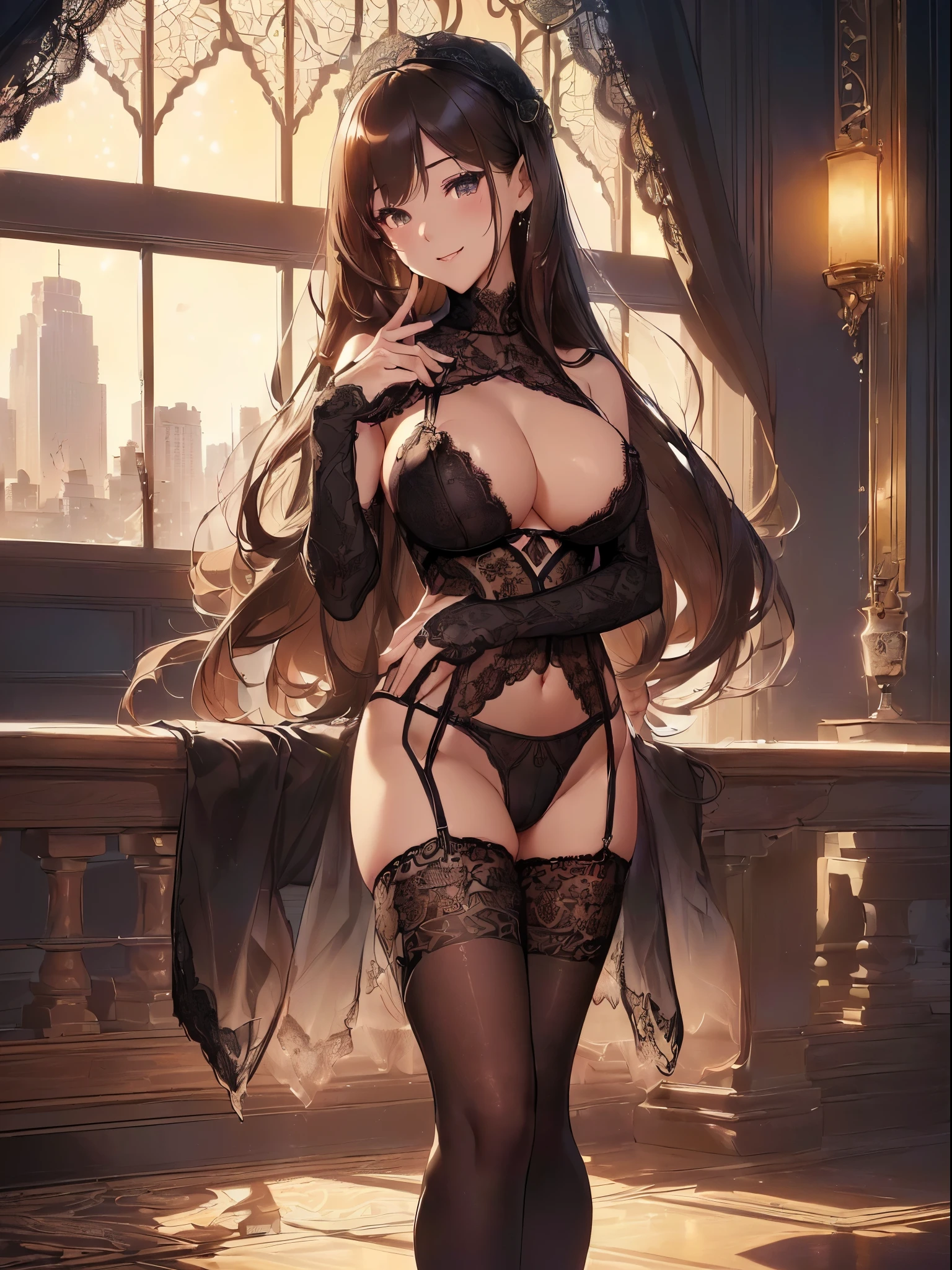 highest quality、Highest image quality、masterpiece、Angle seen from behind、beautiful gothic woman((20-year-old、vest bust、big bust、bust 90,beautiful long hair、slender、Close-up、Esbian、beautiful underwear、High quality、beautiful art、Luxury hotel in the city、muste piece、visual art、Depth of the bounds written、、、🎵、A happy smile、skin-friendly feet、、Number of fingers to achieve precise finger movements、I promise to marry you！、brown hair、、her clothes are black underwear、fine embroidery、beautiful pattern、Racing、feet in black stockings、How do you like it？lure、Spread the legitimate starry sky out the window、beautiful night景、feeling sexy、ー、Sexy Night.ticker、Leggings and black stockings that are perfect for sexy skin、Standing in front of the night view of the city covered entirely in glass、nsforgeous body stockings:1.3), (intricate lace:1.4), (look thoroughly:1.5),Looks three-dimensional when lit up、skin texture、erotic sexy lingerie 1.3  masterpiece

(gorgeous body stockings:1.3), (intricate lace:1.4), (look thoroughly:1.5),UHD、not wearing a watch　Feng Fujiko、Venus、wedding style、Full body black body stockings 1.8、beautiful night、back view、beautiful butt、pants、cowboy shotto、cowboy shot,full body stocking