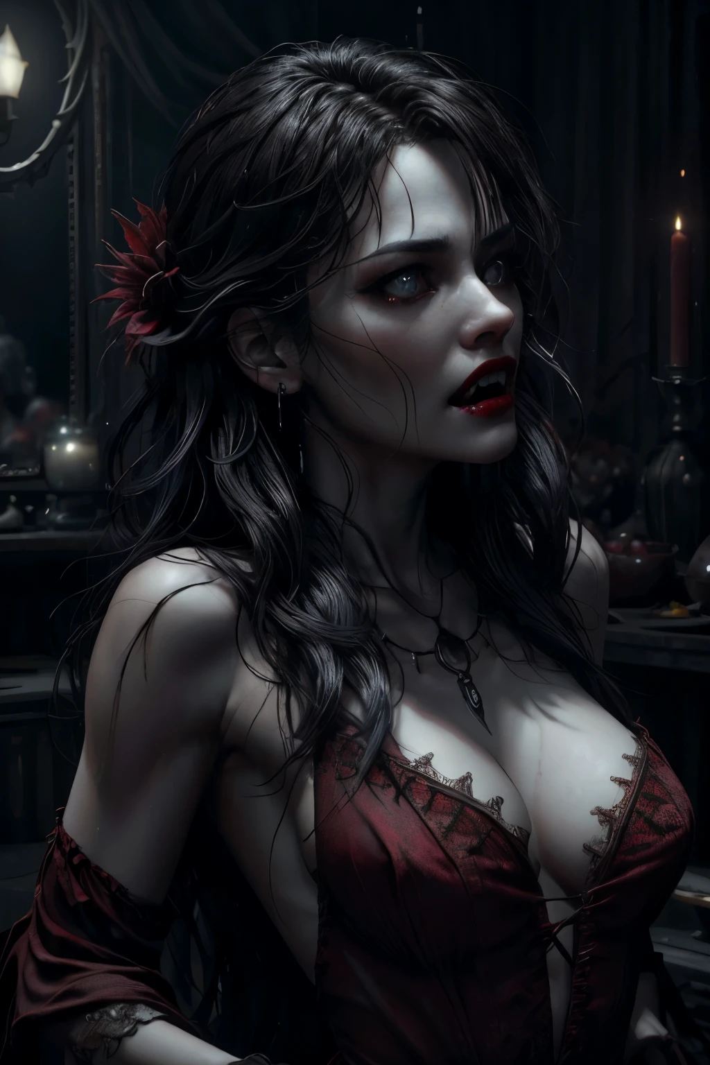 Horror theme, dramatic, in the style of Van Helsing, closeup portrait of an exotic young sexy vampire woman dressed in a pale gauzy sensual dress, full red lips, sensuous smile, fangs, ((drops of red blood on breasts)), (blood), dreamy atmosphere, hair cascades over shoulders, (looking at viewer), background is ancient castle interior, Hand drawn, render, 8k, octane render, cinema 4d, blender, atmospheric 4k ultra detailed, cinematic, Sharp focus, big depth of field, Masterpiece, colors, 3d octane render, 4k, concept art, trending on artstation, hyperrealistic, Vivid colors, extremely detailed CG unity 8k wallpaper, trending on CGSociety, Intricate, High Detail, dramatic. SK_3DRENDER
