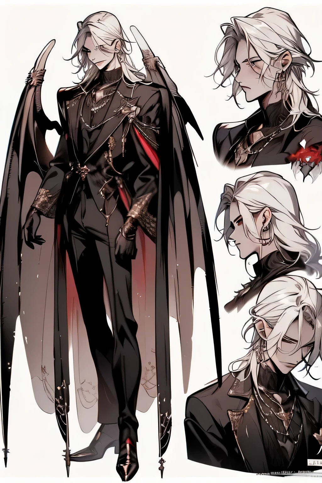 Reference sheet, front view one side, full body, demon man, 18 years old, handsome man, vampire wings, long white hair, rock style, reference sheet