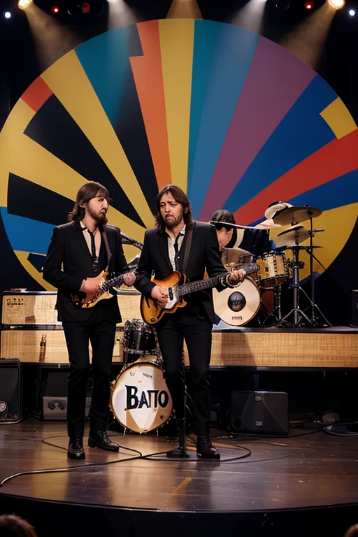 crea una imagen realista de la iconica banda de los beatles en colores vivos y puros dando un concierto en londres