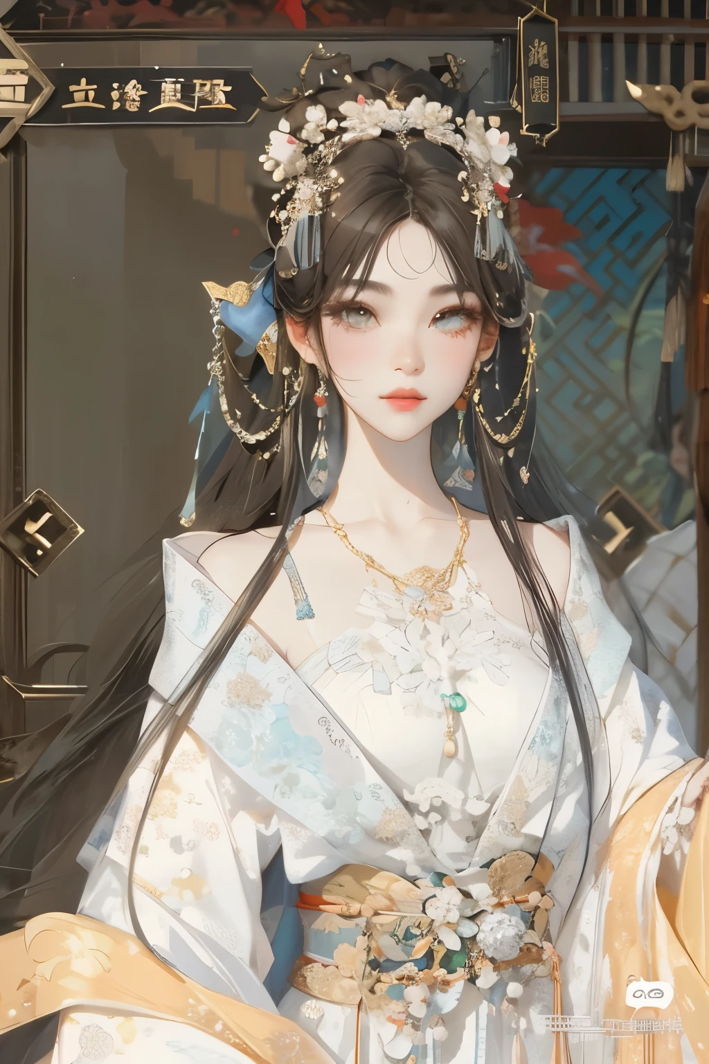 a close up of a woman in a white dress with a tiable, a beautiful fantasy empress, ((a beautiful fantasy empress)), palace ， a girl in hanfu, ancient chinese princess, inspired by Lan Ying, white hanfu, beautiful character painting, inspired by Qiu Ying, guweiz, beautiful render of tang dynasty, hanfu, trending on cgstation