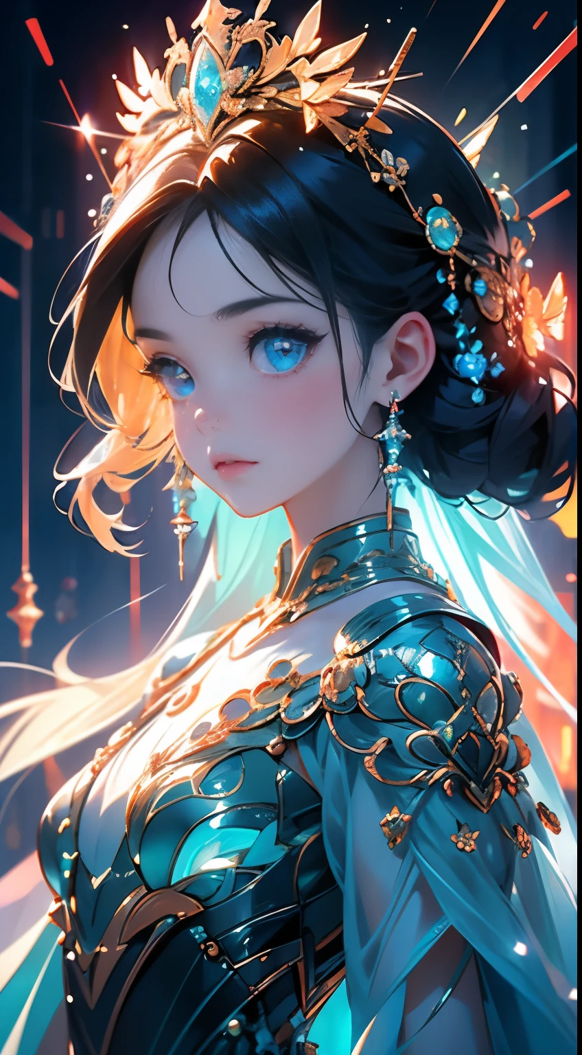 ((Bestquality)), ((A Masterpiece)), ((realisti)), portraits,1girle,full body portrait, celestial body, god,女god, light particles, halo, looking at the audience, Firm eyes are shoulders, thoracic duct parietal lobe, poker face,(bioluminescence:0.9 girls 5)ocean, bioluminescence, Full of energy, colorful,,,,, color, (bioluminescence, bioluminescence),(beautiful composition), movie light, wheel within wheel, (symmetry:0.5 girls), whimsical,Upper body close-up,Exquisite facial features