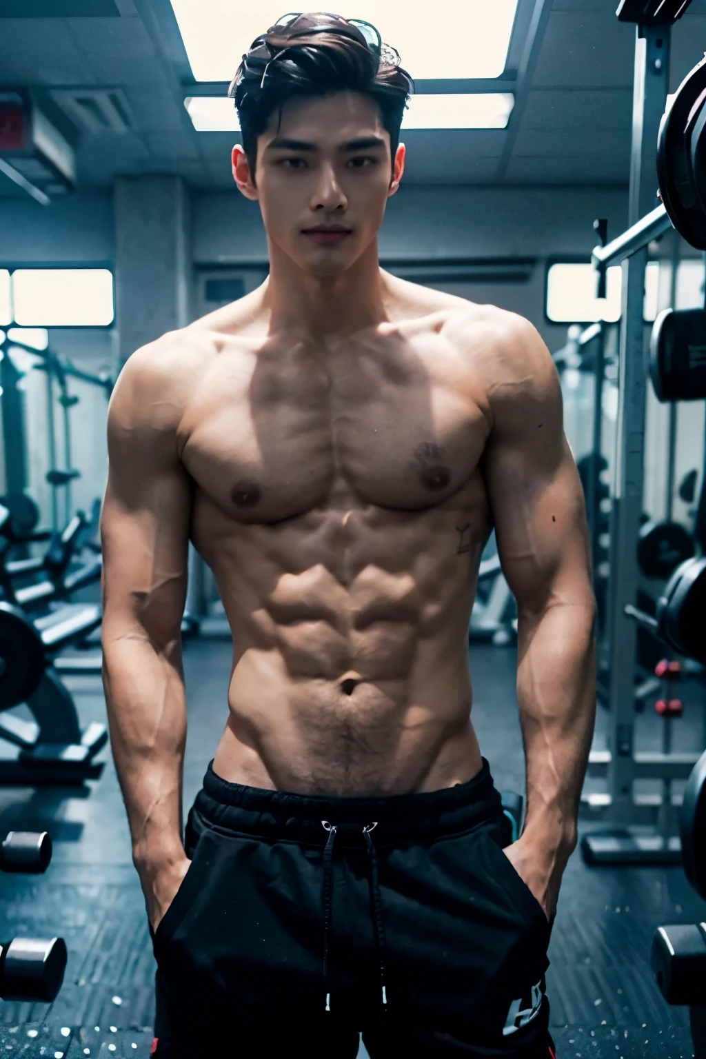 A shirtless man with clear abs and a strong body wears neat black sweatpants pulled up to just below his belly button and suggests exercising with a smile in a gym with a bright background., The hairstyle is neat and masculine., No hair below the belly button,