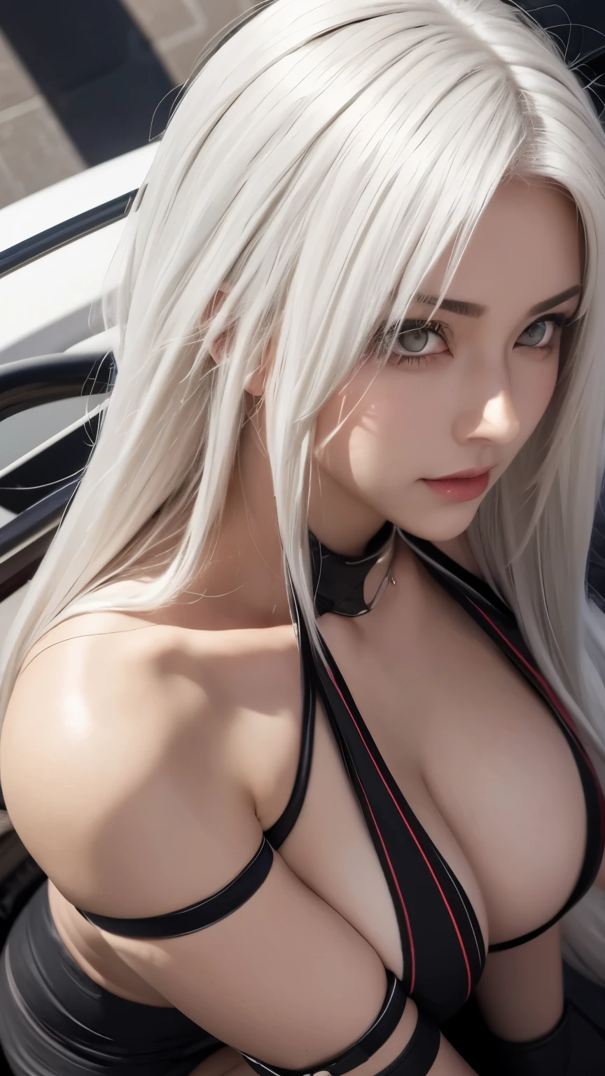 summer_jalter, yellow_eyes, long hair, mature,   single thighhigh, white hair, thigh strap,  bikini, 1girl, solo, closeup