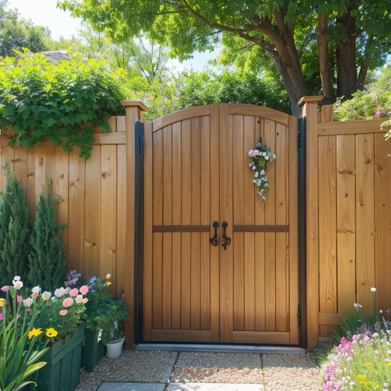 garden,flowers,wood door,fence,bunny