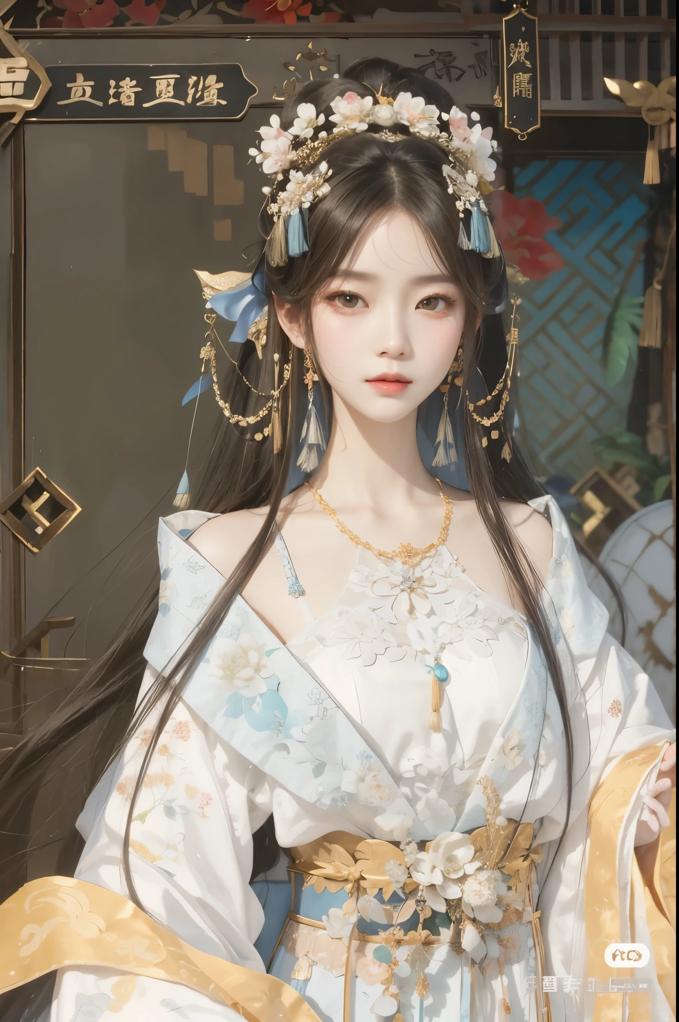 a close up of a woman in a white dress with a tiable, a beautiful fantasy empress, ((a beautiful fantasy empress)), palace ， a girl in hanfu, ancient chinese princess, inspired by Lan Ying, white hanfu, beautiful character painting, inspired by Qiu Ying, guweiz, beautiful render of tang dynasty, hanfu, trending on cgstation