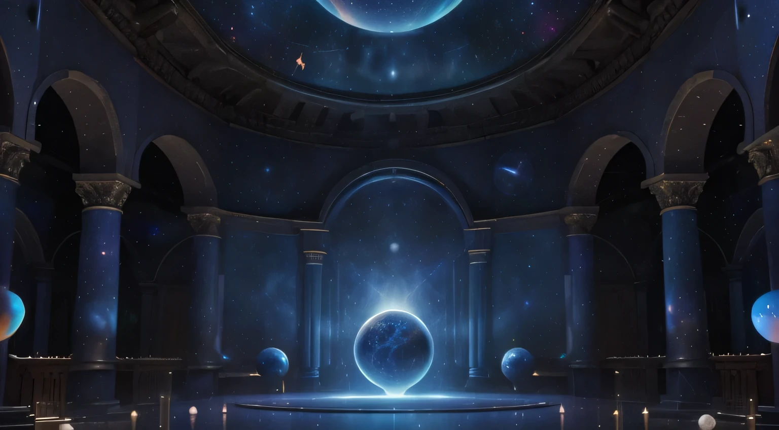 ((Image of a large magical hall in Renaissance style, with an altar in the center of the room there is a blue cosmic orb full of power and with galaxies floating inside it and inside a glass deroma)), imagem de magia, imagem realista, imagem ultra HD, imagem perfeita, imagem de obra de arte
