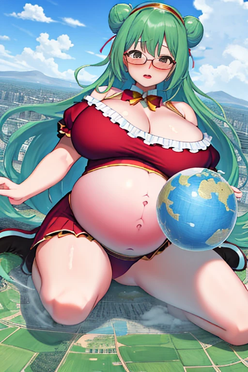 Giant maiden，Moe two-dimensional style，Pregnancy status，Round belly, Huge breasts, Thick thighs，Gaze at the bustling city, Lying down, Burp, Burping, Loud burp, Really loud burp, Glasses, Embarrassed, Full body