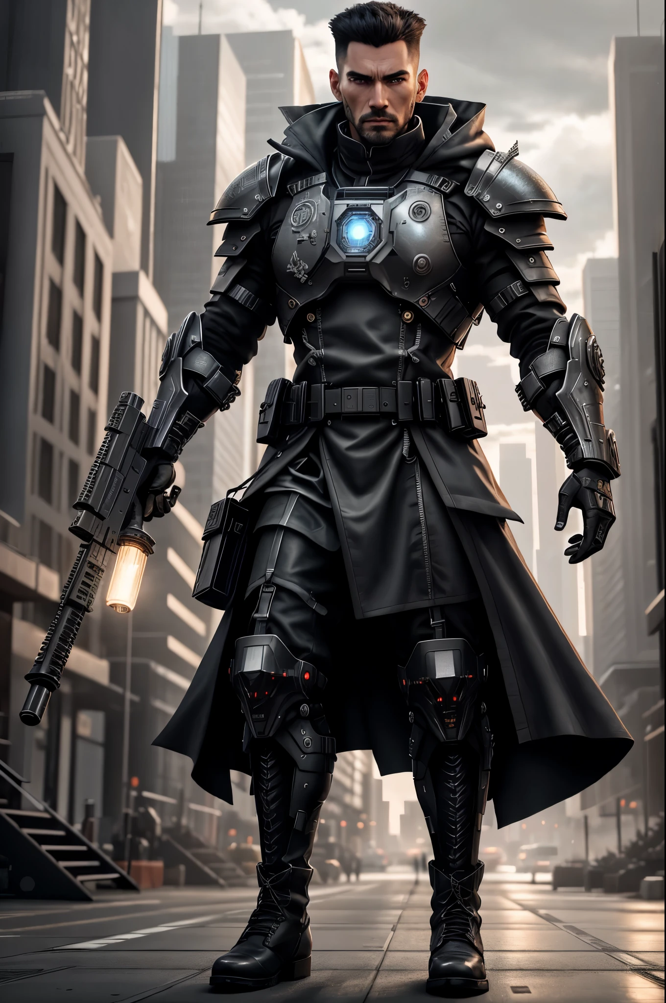 (Best Quality, 8K, Masterpiece, Ultra HD: 1.3, Ultra quality cinematic lighting, Huge detail, Well lit, 35mm, sharp, hyper realistic, epic scale, insane level of details), 1man, a futuristic-looking male military commander, (looking to the camera), photo of (large Latino men) with very short black hair and (wide round face), very detailed realistic face, very detailed realistic eyes, (((face lit well))), face focus, (no helmet:1.5), wearing a pair of (iron grey gloves) and (black military boots), dressed in (grey armor without helmet), standing in cyberpunk city, holding a huge futurisctic rifle