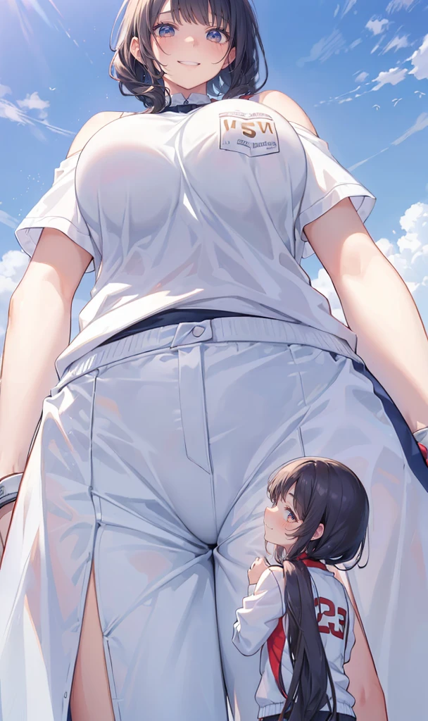 (a giantess hugging a girl: 1.5), (2girls:1.4), (height_difference:1.3), (size_difference:1.1), minigirl, sports uniform, (giantess:1.2), (from below: 1.2), (foreshortening:1.2), (a girl below the breasts of a giantess: 1.3), professionally drawn, (anime drawing:1.1), (simple bold lines: 1.1), (anime:1.1), (very cute anime girl), (bright), (low contrast), (prettiest age girl), (mature face: 1.4), (tall girl with big ass: 1.2), (looking at another: 1.2), (yuri:1.1), (two girls looking at another: 1.2), (full body: 1.1), (scared minigirl :1.1), (smiling giantess)