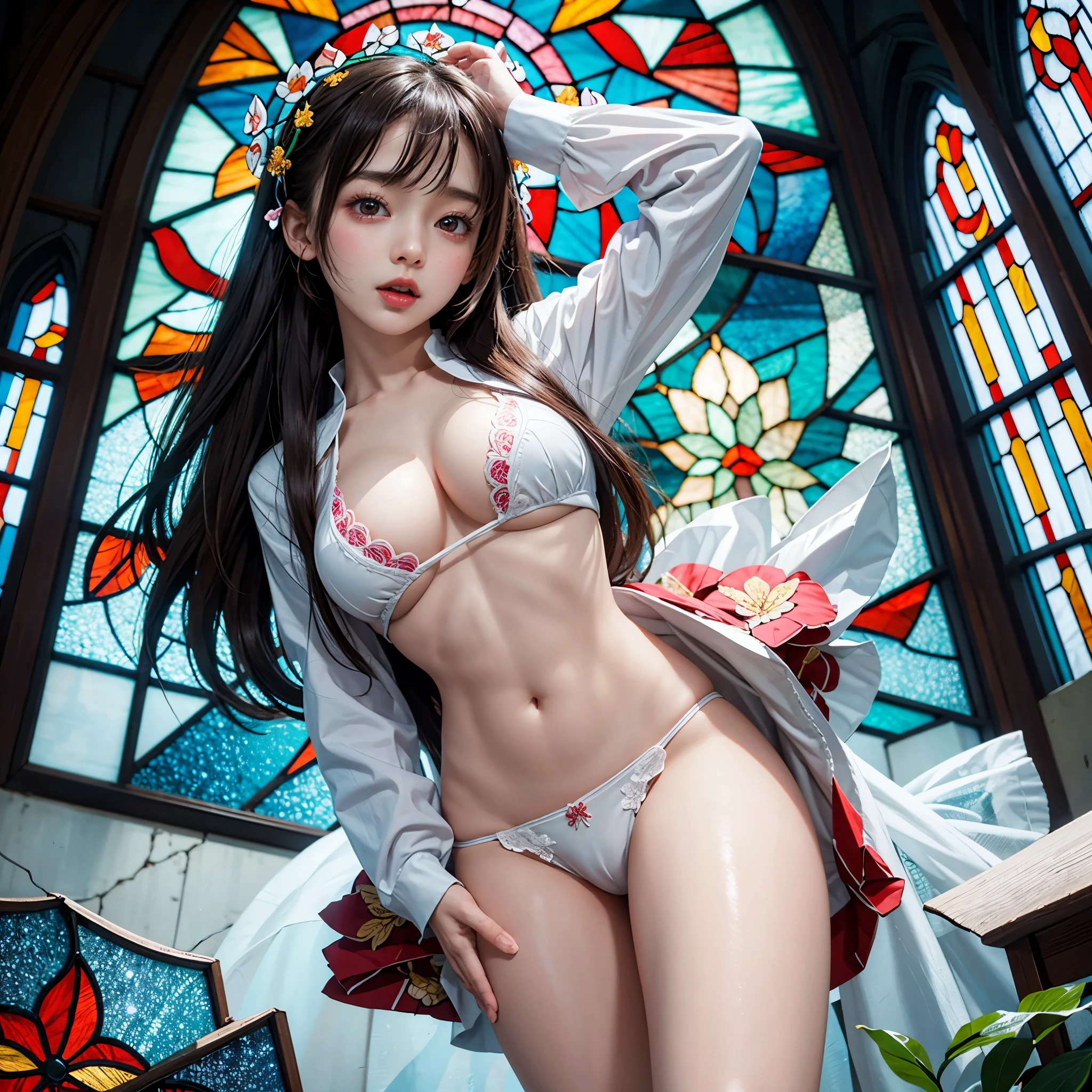 White and Red, Masterpiece, (physically-based rendering with ultra-detailed, (realistic and (photorealistic:1.37) with touch of rawness), Acutance:0.8) . A group of KAWAII girls in (school uniform) with opened Overflowing Gigantic Cleavage without bra . (((extremely detailed KAWAII face variations)) with joyful expressions), { Navel | pretty Ass | (Overflowing underboob) | White panties with (blood seeping only in crotch area) | (full of Flowers covering girl's body) | ((Dazzling colorful stained glass with stunning elaborate details:1.2)) | A Dazzling Halo (Floating) above girl's head } . (Exposed:0.9), ((nipple:-0.9)), (not Detailed fingers:-0.9) .