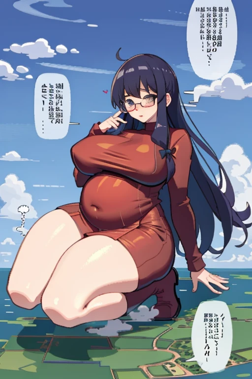 Giant maiden，Moe two-dimensional style，Pregnancy status，Round belly, Huge breasts, Thick thighs，Gaze at the bustling city, Lying down, Burp, Burping, Loud burp, Really loud burp, Glasses, Embarrassed, Full body