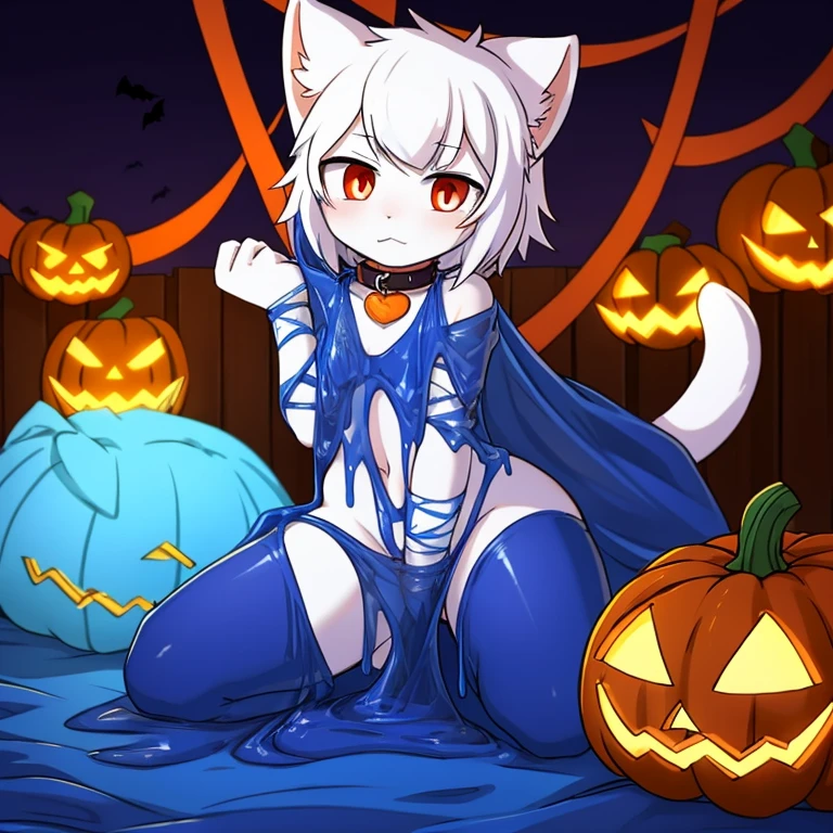 A bandaged white cat,The tail in the right position,red pupils,collar,halloween,night,pumpkin,Blue slime covers the body,kneeling
