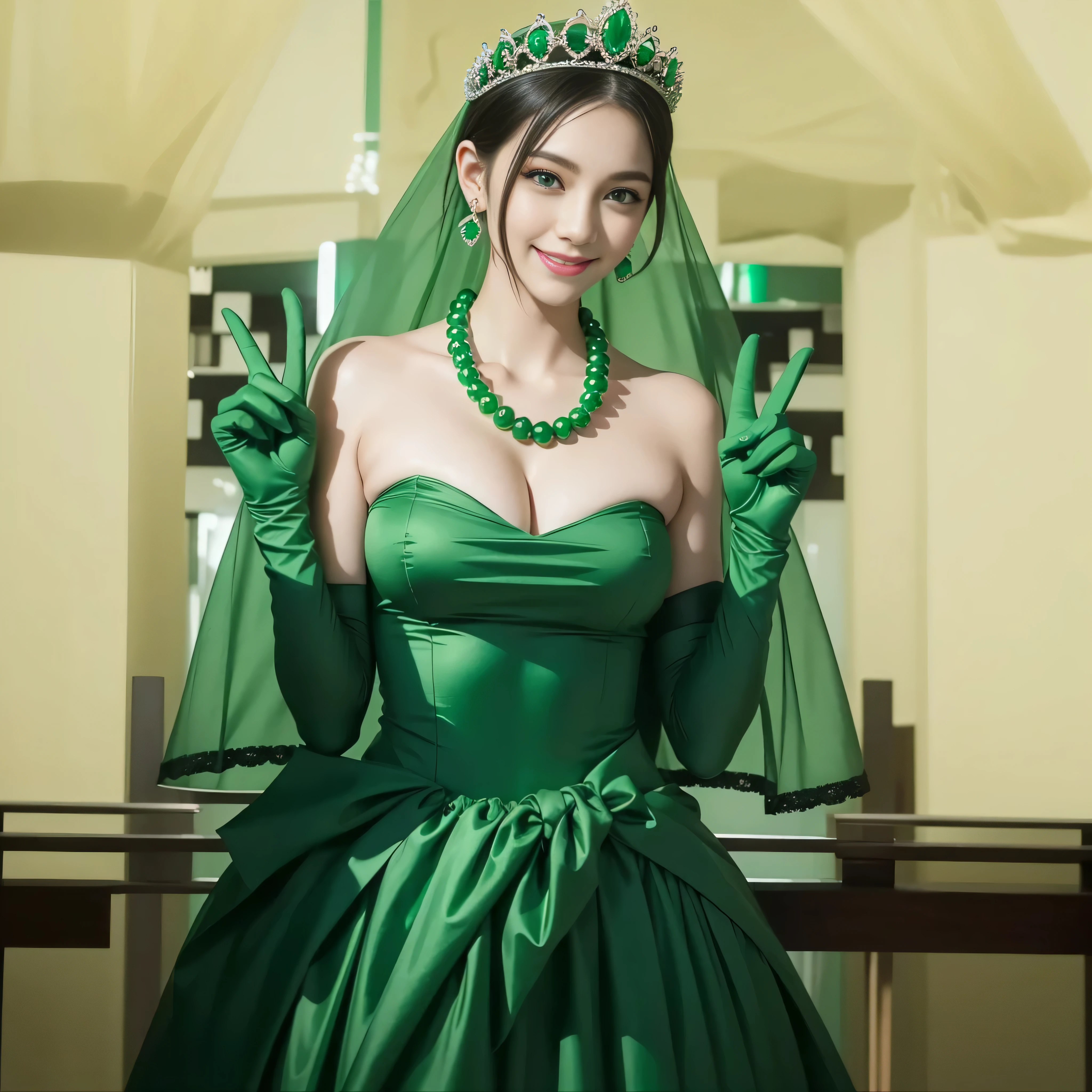 emerald tiara, Green Pearl Necklace, Boyish very short green hair, lipstick, Japan woman smiling, very short short hair, big breasts beautiful, green eyes, Long green gloves made of satin material, green eyes, v sign, Emerald Earrings, green vale