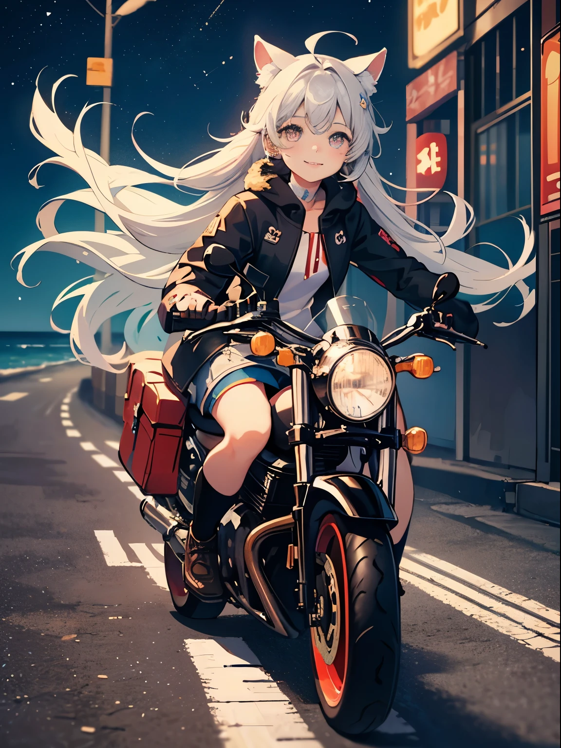 road by the sea,small and cute girl, Magical girl, summer vacation, Neon color, motorcycle,(long silver twin tail)、master piece、high quality、Scenic spots、evening、starry sky、glowing effect、movie「cute smiling girl」、furry ears､8K、cool bike