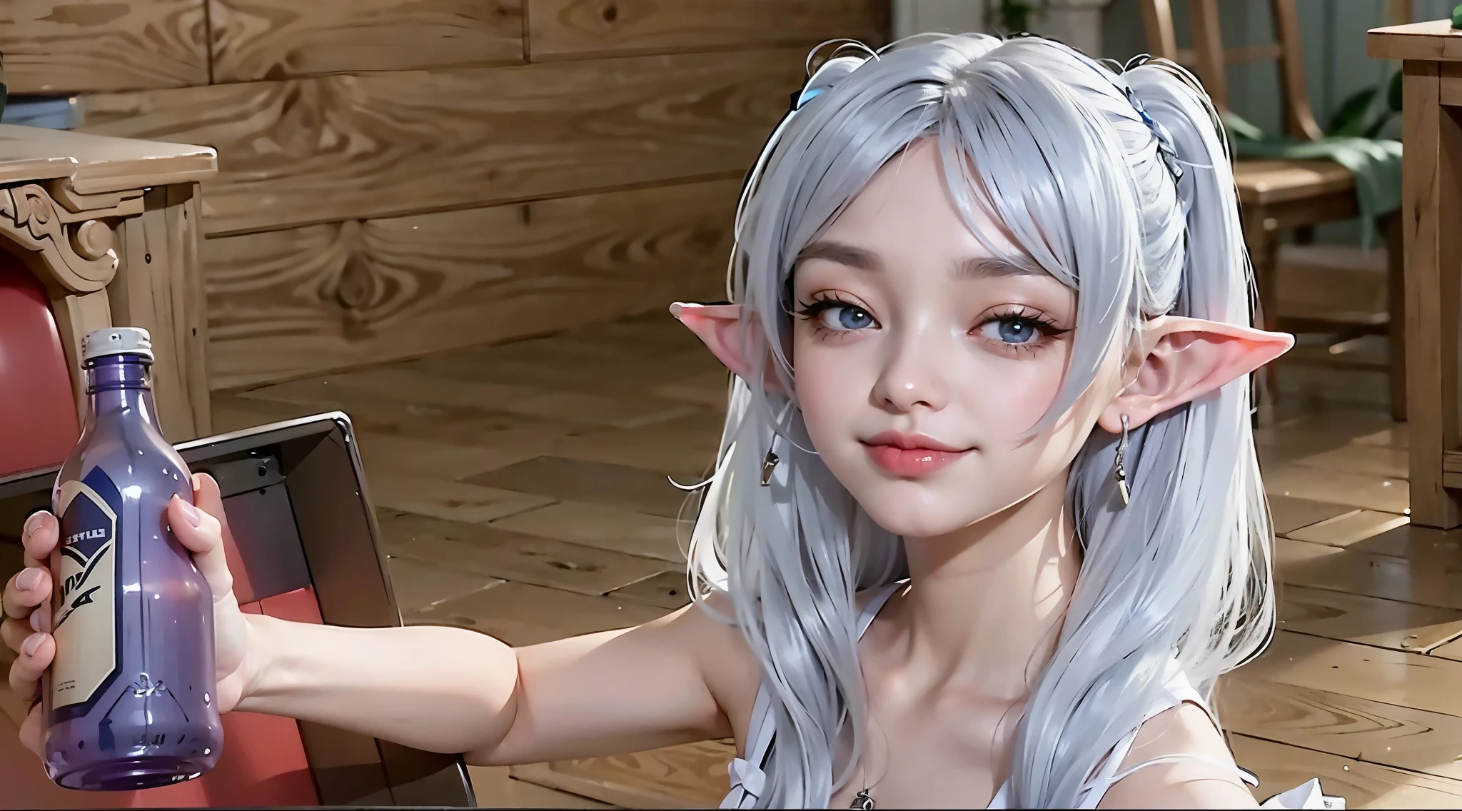 (narrow eyes:1.2、Smirk:1.2),25 years old、Adult woman:1.1、green eyes:1.2、purple bottle、white clothes、silver eyebrows:1.3、high elf:1.2、elf ears、beautiful ears、silver hair:1.2、short eyebrows、twin tails、red earrings:1.2、detailed hair、movie writing、(best quality, 8K, 32K, muste piece, ticker:1.2)