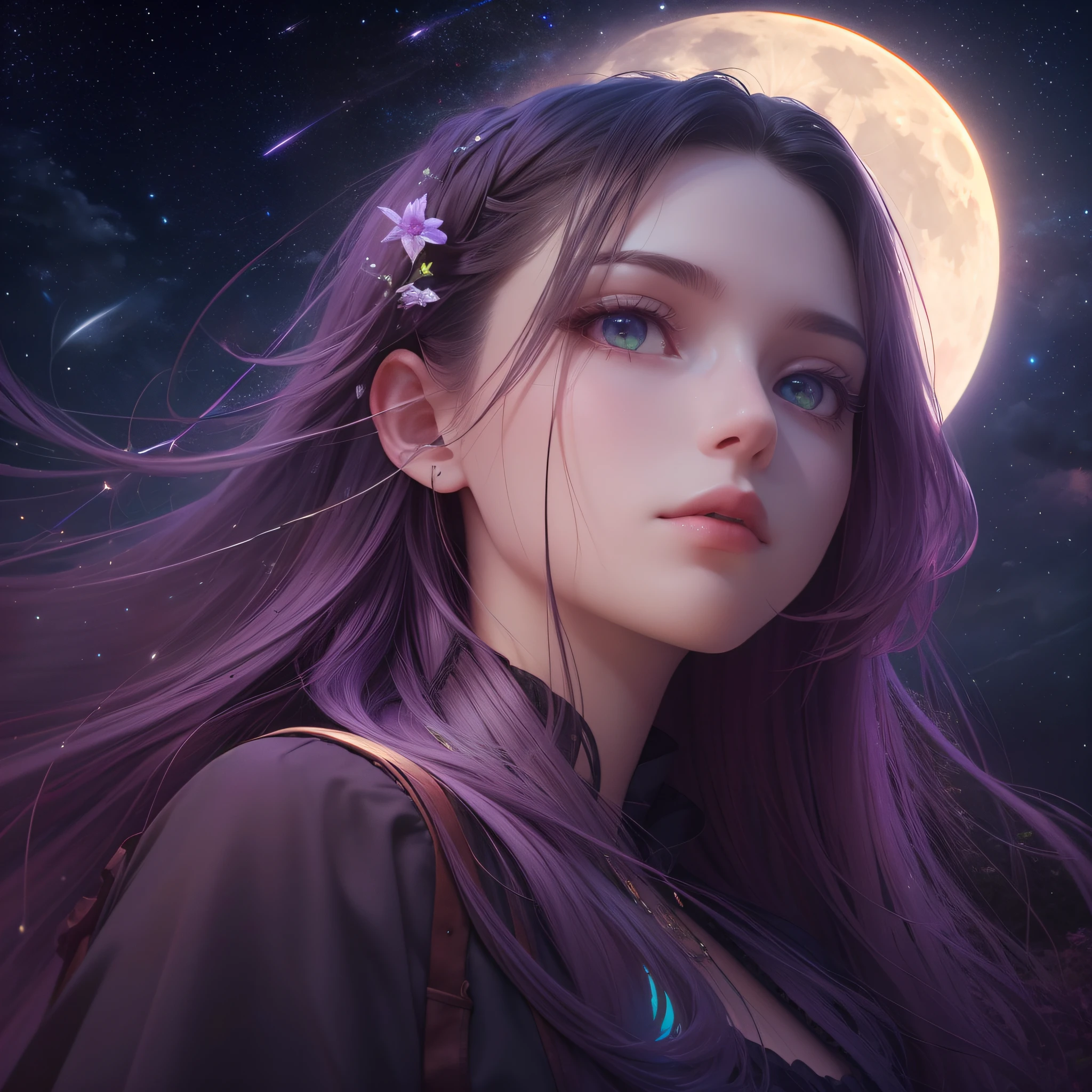 Expansive landscape photograph, (view from below with a view of the sky and wilderness below), girl standing in a flower field looking up, (full moon: 1.2), (shooting star: 0.9), (nebula: 1.3), distant mountain, tree break production art, (warm light source: 1.2), (firefly: 1.2), lamp, purple and orange, intricate detail, volume lighting, realism break (masterpiece: 1.2) (Best Quality), 4K, Ultra-Detailed, (Dynamic Configuration: 1.4), Highly Detailed and Colorful Details, (Iridescent Colors: 1.2), (Glowing Lighting, Atmospheric Lighting), Dreamy, Magical, (Solo: 1.2)