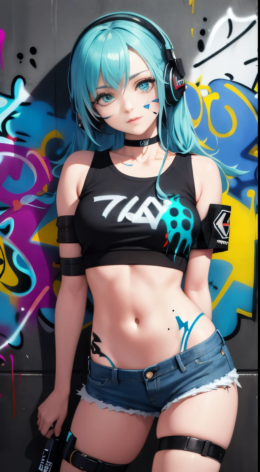 masterpiece, best quality, 1girl, solo, crop top, denim shorts, choker, (graffiti:1.5), paint splatter, arms behind back, against wall, looking at viewer, armband, thigh strap, paint on body, head tilt, bored, multicolored hair, aqua eyes, headset,