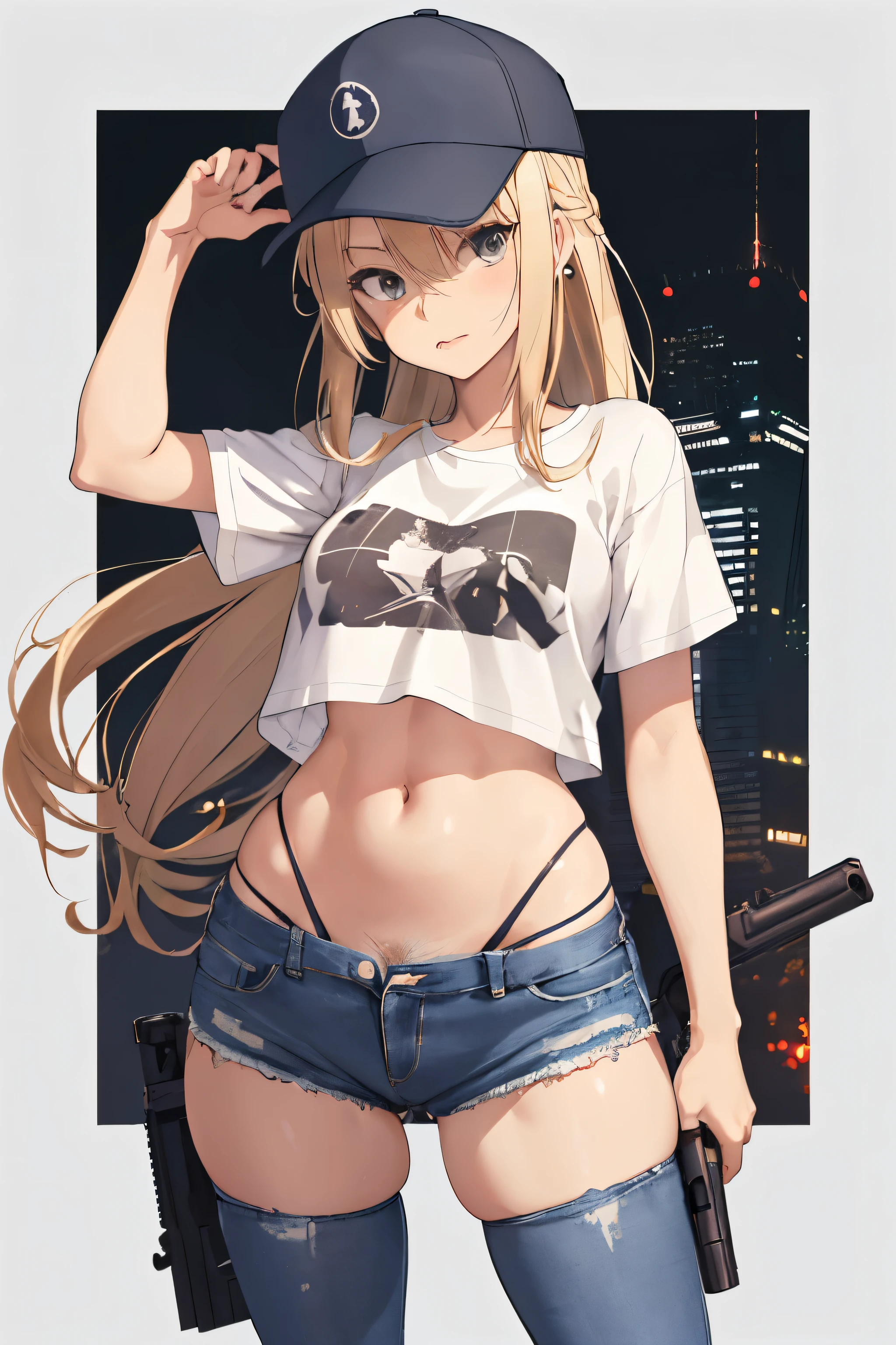 Close-up of a woman wearing a white T-shirt and micro denim skirt and holding a gun, blonde long hair, baseball cap, small details. female action anime girl, Anime full body illustration, urban combat zone, gun action, big ass, panty lines, ((Panties that dig into the crotch)), sneakers, dull bangs, adult woman, belly button, ((pubic hair)), crack, ((camel toe))