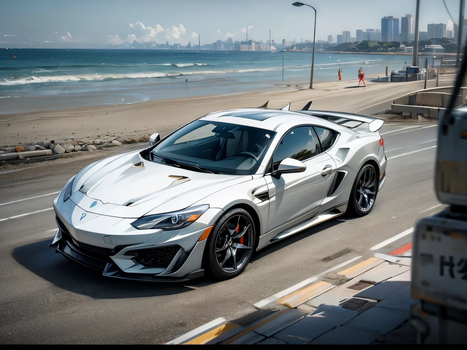 White sport car, single, people on beach, parking, beach and city background, daytime, high details, 8k, masterpiece