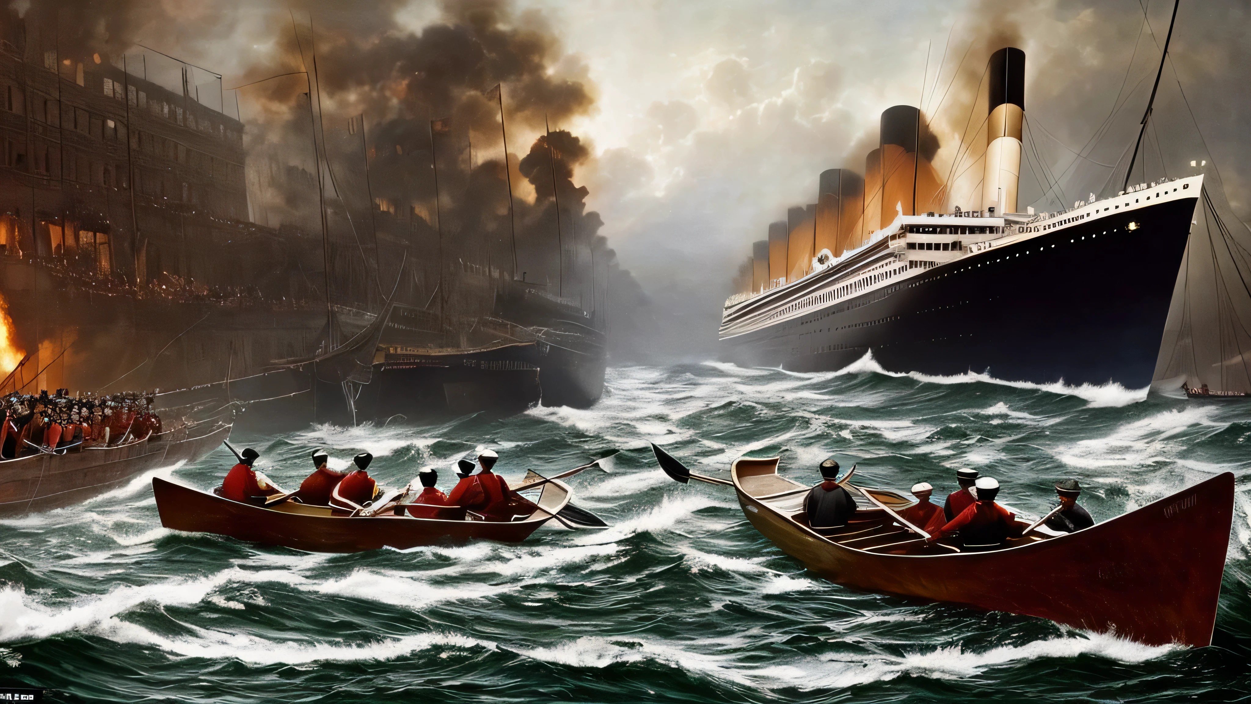 A hyperrealistic portrayal of the harrowing moment the Titanic/Olympic sinks, with terror-stricken passengers amidst debris, while in the backdrop JP Morgan coldly observes. –hyperdetailed, 8k --ar 9:16 --v 5.2
