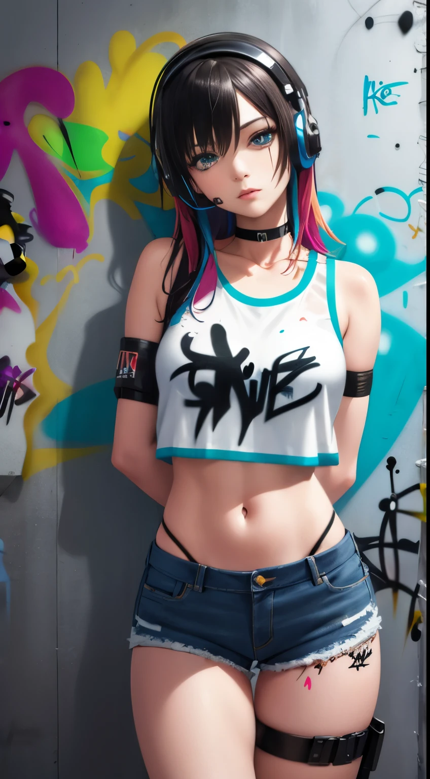 masterpiece, best quality, 1girl, solo, crop top, denim shorts, choker, (graffiti:1.5), paint splatter, arms behind back, against wall, looking at viewer, armband, thigh strap, paint on body, head tilt, bored, multicolored hair, aqua eyes, headset,