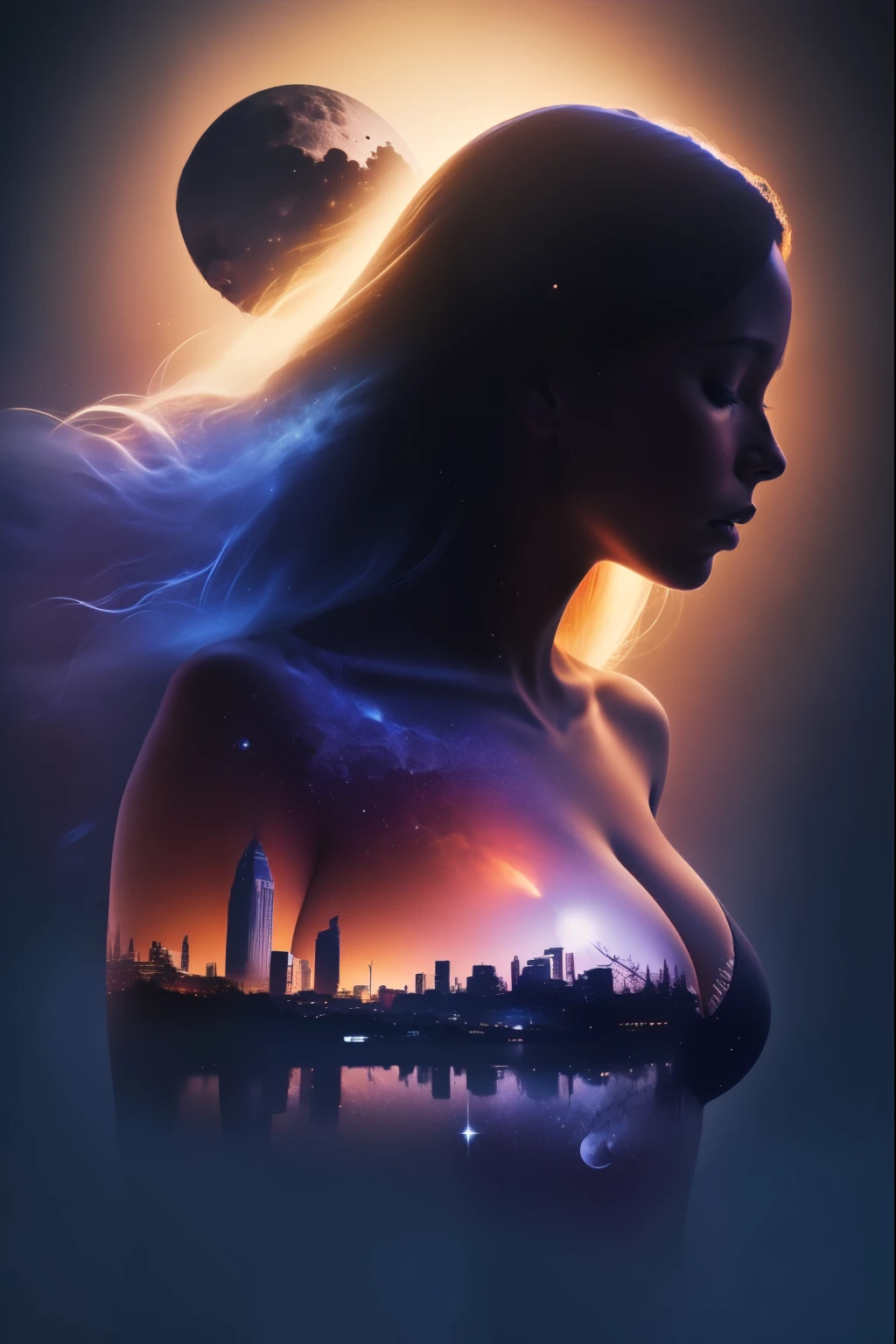 Photorealistic illustration of a Solo African American girl with dark skin ((a solo heart-shaped moon on her chest)), closed eyes, darken silhouette, heavenly city and starry night by Vincent Van Gogh, 
Bokeh, gradient black and blue color background, uhd, surreal, fractal, beautiful, high detailed masterpiece 