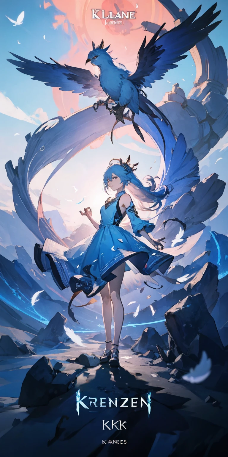 masterpiece,best quality, high quality, high details,Anime - The style image of a woman wearing a blue dress and white feathers, in the style of Blue Lane, from the video game "Blue Lane", the characters in "Blue Lane", Kushat Krenz Key Art Women, full body cyberfunctional style, 8 k character details, official character art,