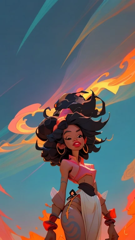 a photograph a middle aged black woman 37 years old, youthful appearance, with long straight windswept tresses, her hair flowing in the wind like flames against a twilight sky, emanating untamed beauty