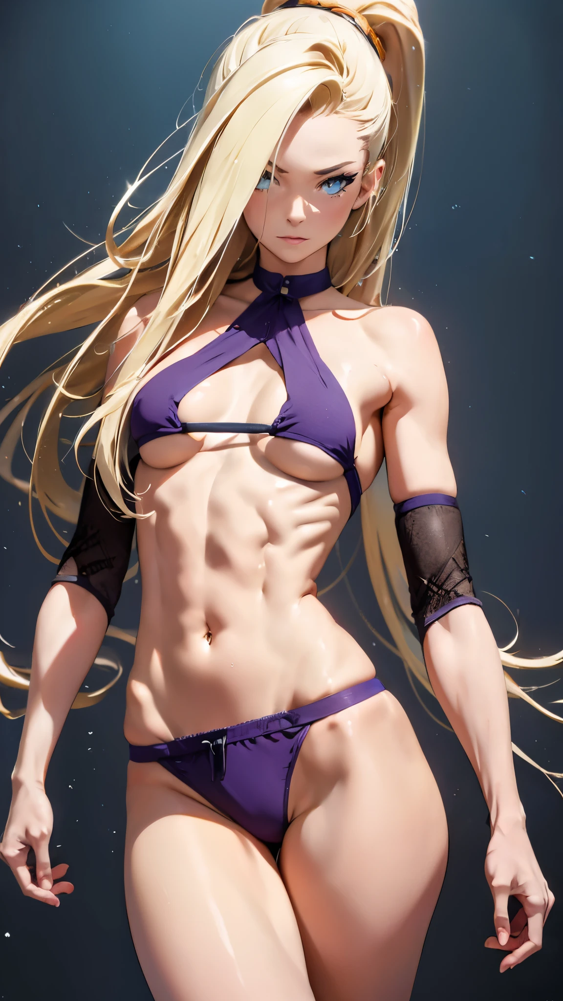 "Ino Yamanaka from the anime Naruto. A 19-year-old girl (model-like appearance). Long legs. Flexible and slender body (slightly toned abs). Medium-sized breasts. Highly detailed face (high definition). Frozen tears. (best quality, 4k, highres, masterpiece:1.2), ultra-detailed, (realistic:1.37). Portraits, anime style. Vibrant colors. Soft lighting."