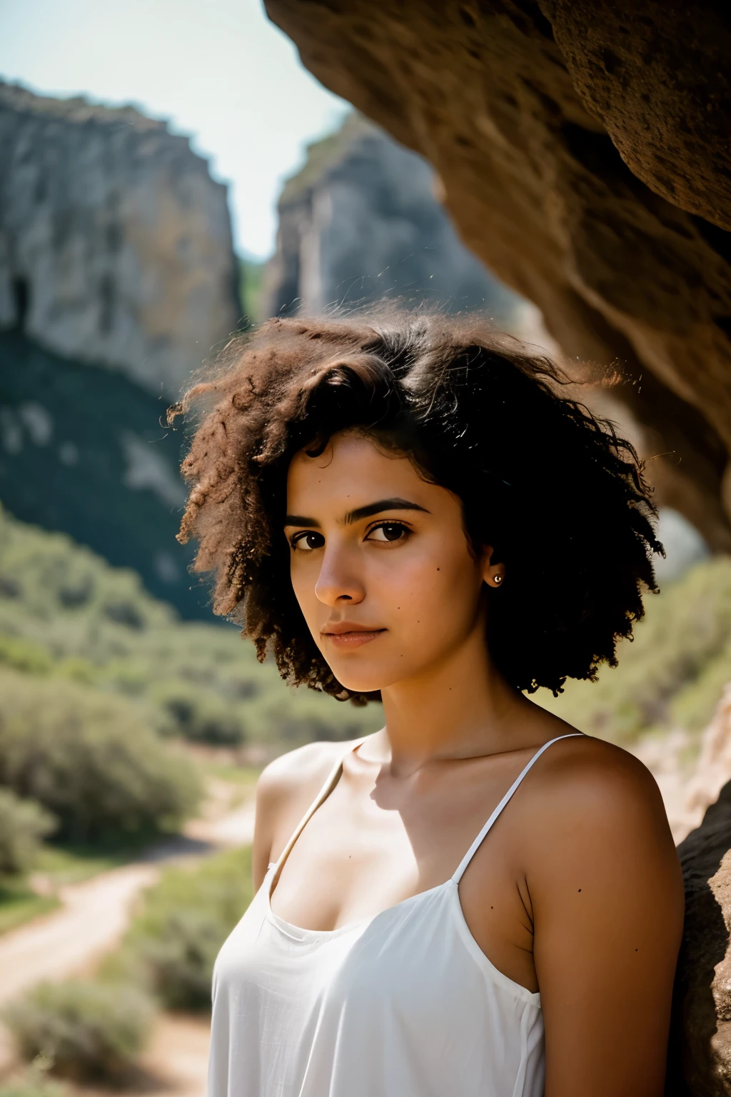 fotografia de uma mulher, (disturbed facial expression), pele texturizada, arrepio, cabelo afro loiro, camisa xadrez de flanela com jeans boyfriend desgastado, tiro de vaqueiro, dark and mysterious cave with unique rock formations and hidden wonders, Olhos Perfeitos, (luz de velas,claro-escuro), Porta 160 cor, Tiro em ARRI Alexa 65, bokeh, sharp focus on subject, filmado por Don McCullin