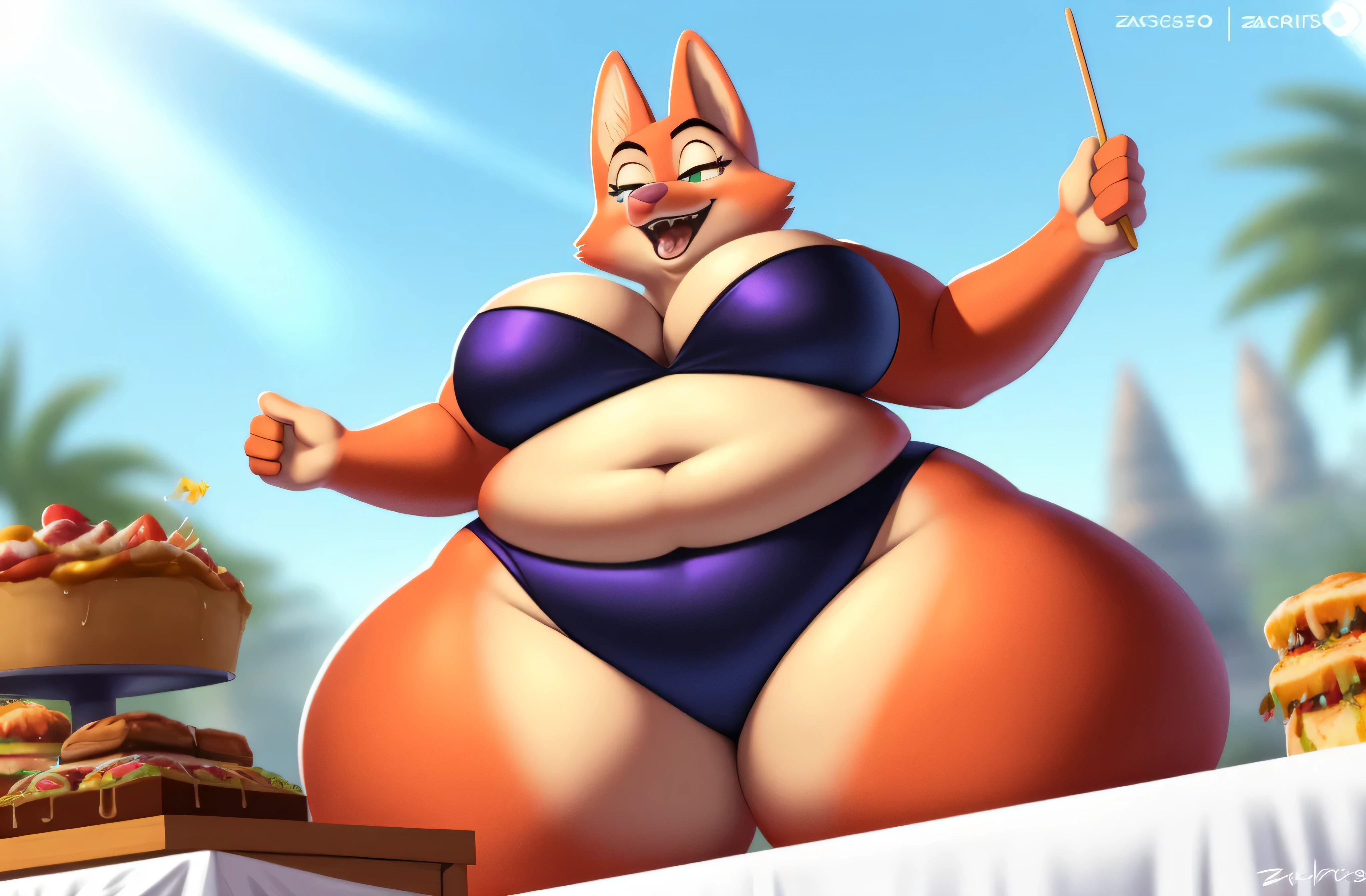 por Zackary911, Diane Foxington, antropo, Bunda grande, Sozinho, no underwear, Curvy, muito gordo, (quadris largos:1.3), coxas enormes, grossas e macias, SSBBW, very fat flabby arms, realistic lighting, High detail, qualidade hd, rosto detalhado, Sombreamento realista, rolos de gordura, massive size, gigantescos enormes seios transbordando de gordura, massive cleavage, Pesado, plussize, everything is fat, textura macia, olhos grandes bonitos, semi-realista, Dynamic angle, pattern clothes, Super Obeso, corpo pastoso, eating a big banquet on the table, festival of food