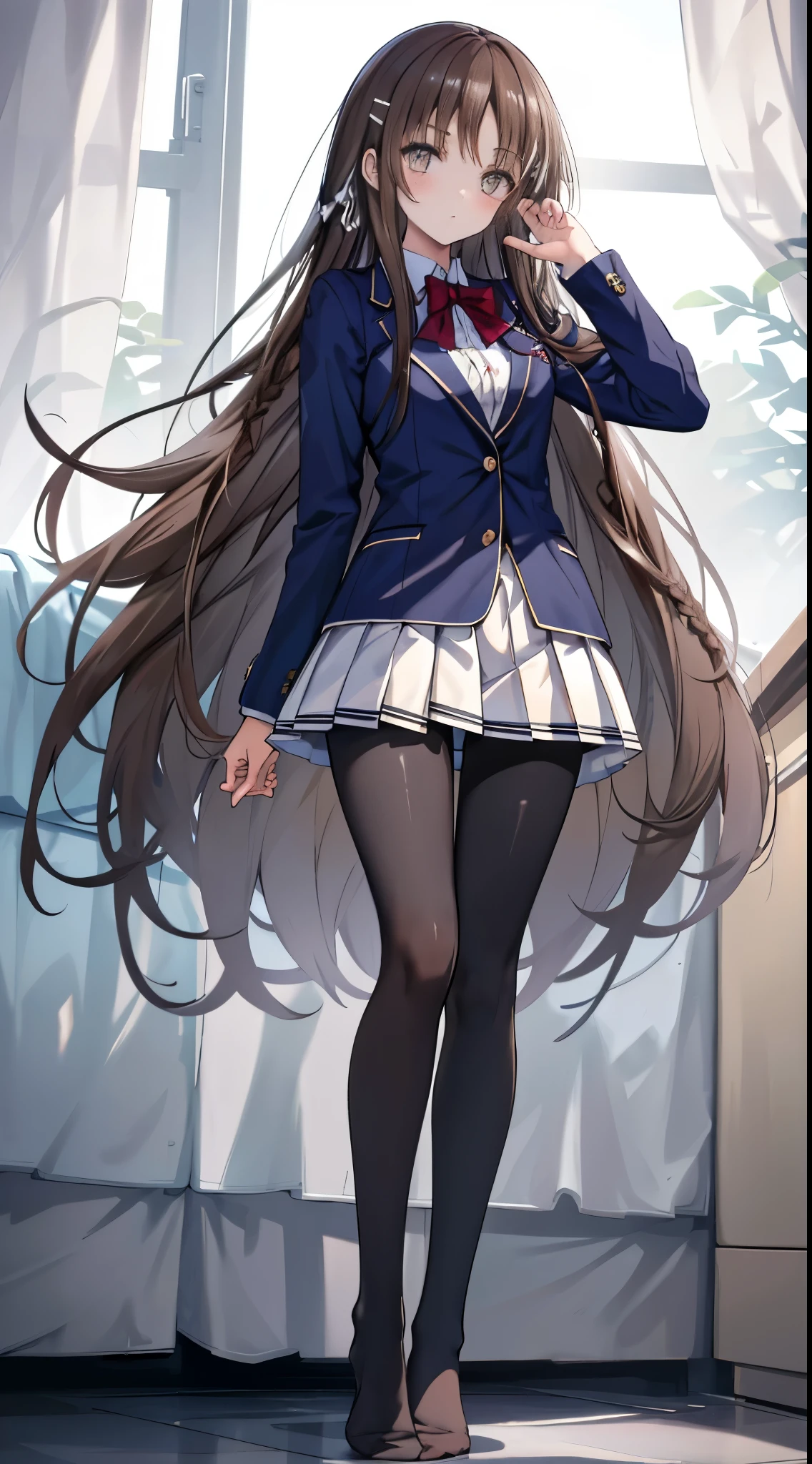 finest, masterpiece, High resolution, (full body), front, symmetrical, Mature tall high school girl, alone, (full body from head to toe), small breasts, long hair, slightly messy hair, (black tight track pantyhose), black pantyhose, composition showing white panties, slender beautiful legs, A very beautiful and tall 17 year old girl, ((not wearing shoes)) , shy big eyes, ( (brown hair)), (bangs), messy hair, (hair clip), looking at camera, showing white panties, white ruffle lingerie, high school uniform blazer, high school uniform white blouse, High school uniform with blue ribbon, high school uniform with 短い plaid pattern and navy pleated skirt