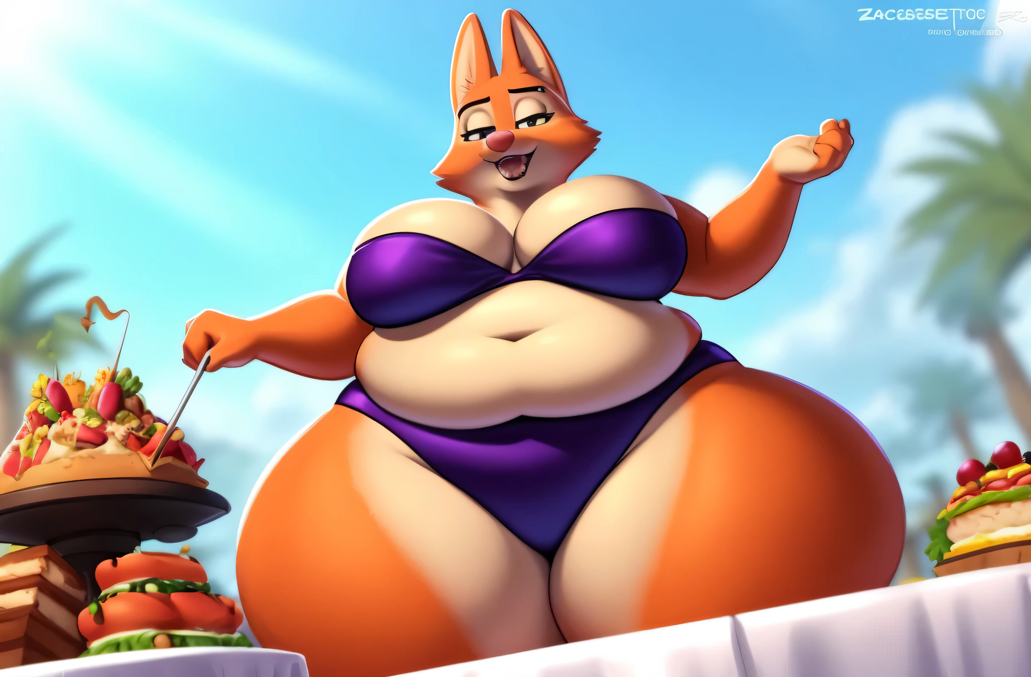 por Zackary911, Diane Foxington, antropo, Bunda grande, Sozinho, no underwear, Curvy, muito gordo, (quadris largos:1.3), coxas enormes, grossas e macias, SSBBW, very fat flabby arms, realistic lighting, High detail, qualidade hd, rosto detalhado, Sombreamento realista, rolos de gordura, massive size, gigantescos enormes seios transbordando de gordura, massive cleavage, Pesado, plussize, everything is fat, textura macia, olhos grandes bonitos, semi-realista, Dynamic angle, pattern clothes, Super Obeso, corpo pastoso, eating a big banquet on the table, festival of food