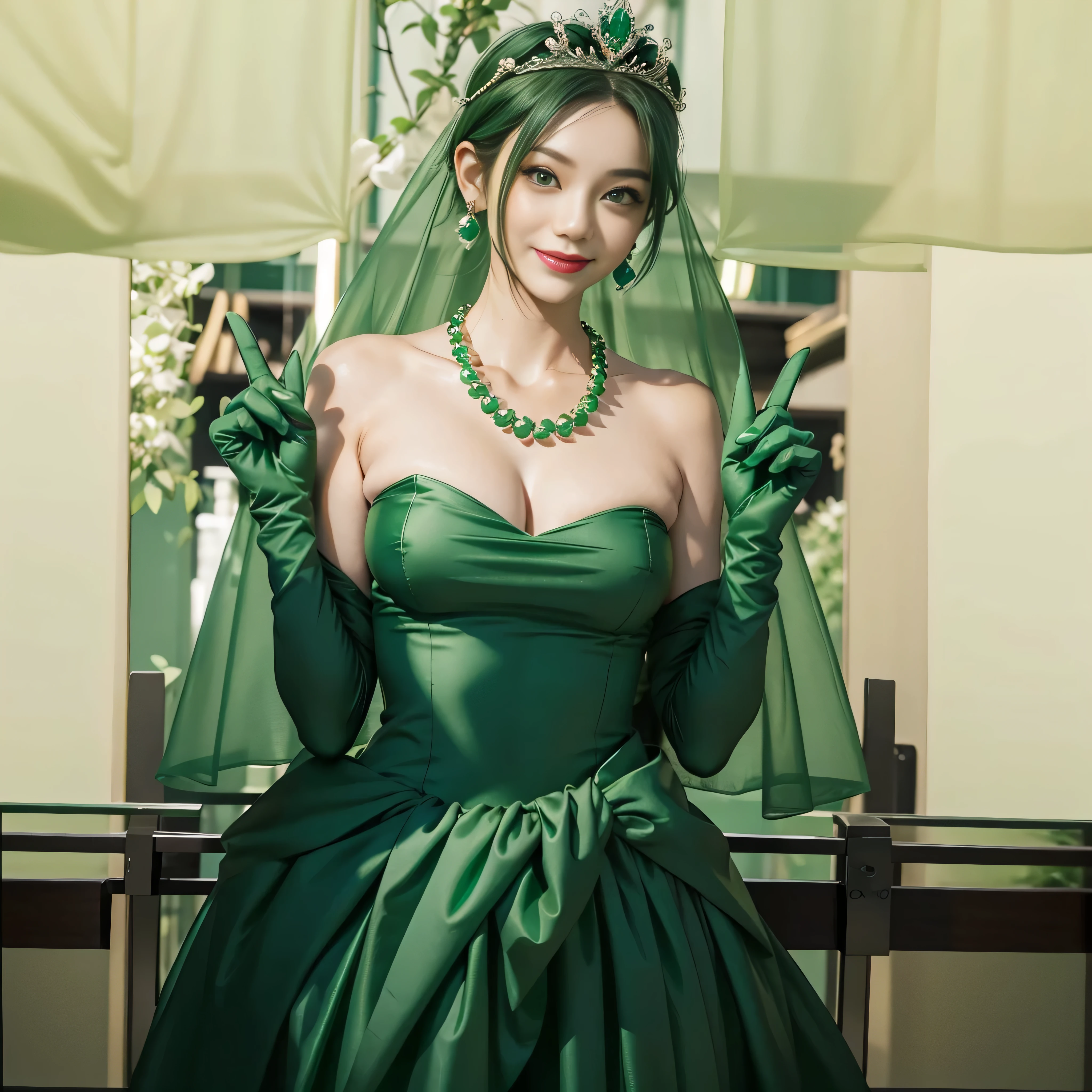 emerald tiara, Green Pearl Necklace, Boyish very short green hair, lipstick, Japan woman smiling, very short short hair, big breasts beautiful, green eyes, Long green gloves made of satin material, green eyes, v sign, Emerald Earrings, green vale
