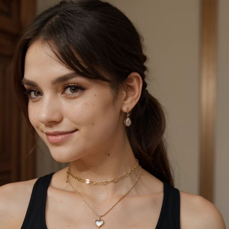 Jessica Degg short chubby face brunette long ponytail straight hair Caucasian freckles fake tan eyelashes dark eyes eyeshadow make up smiling jewellery short chains medieval rogue