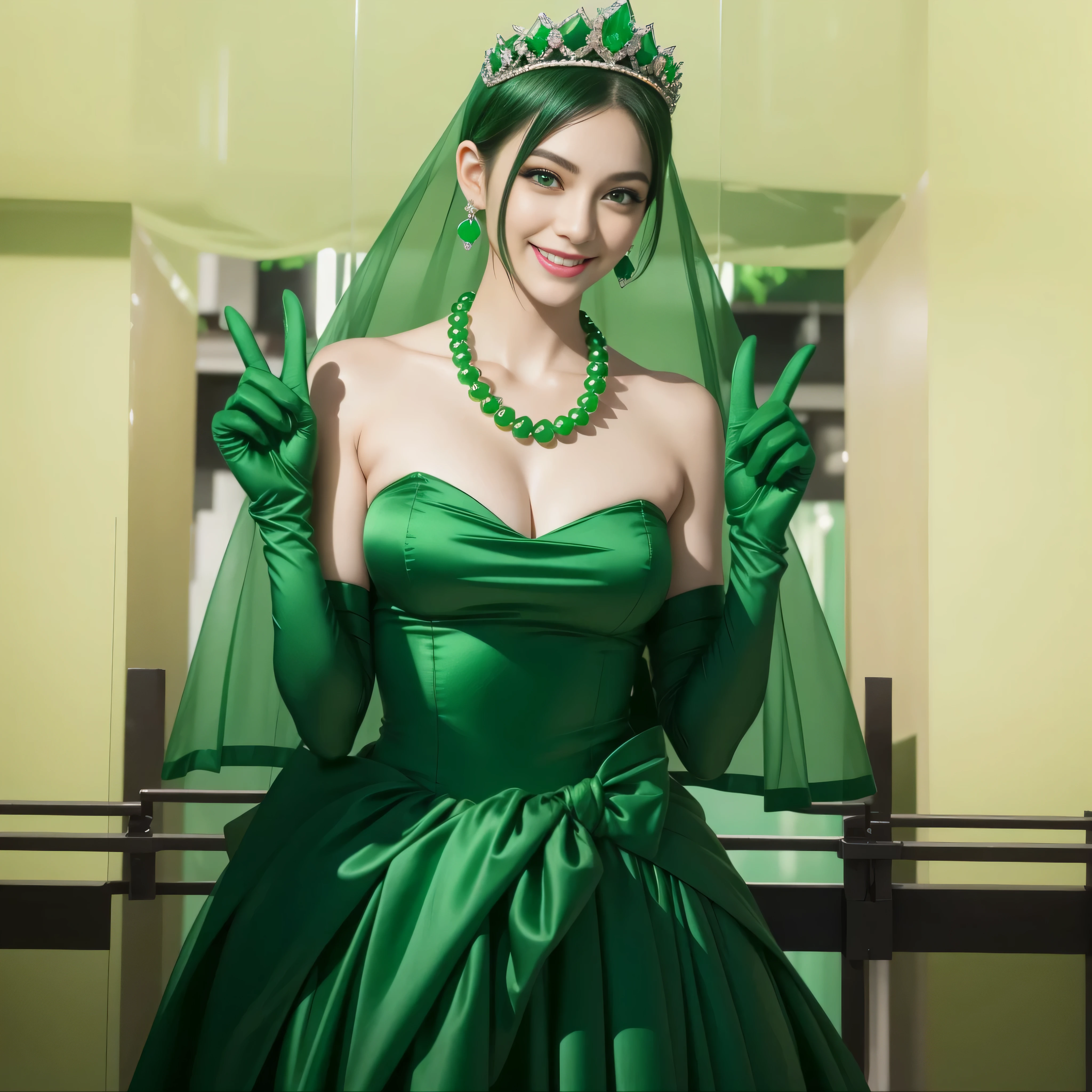 emerald tiara, Green Pearl Necklace, Boyish very short green hair, lipstick, Japan woman smiling, very short hair, big breasts beautiful, green eyes, Long green gloves made of satin material, green eyes, V sign, Emerald Earrings, green vale
