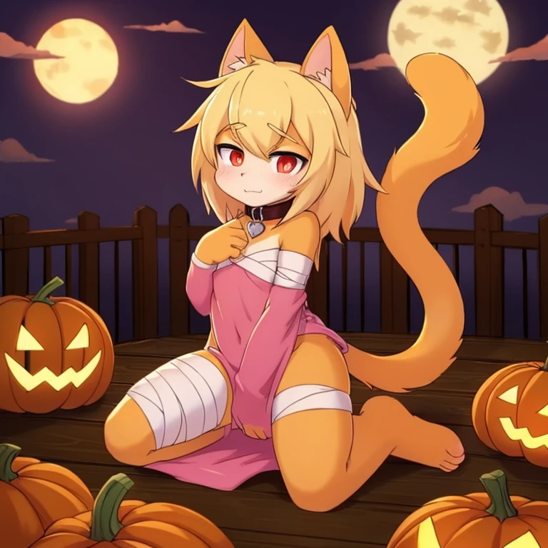 A white cat covered in bandages,The tail is in the right place,red pupils,Collar,halloween,nigth,pumpkins,Slime covers the body,Kneeling
