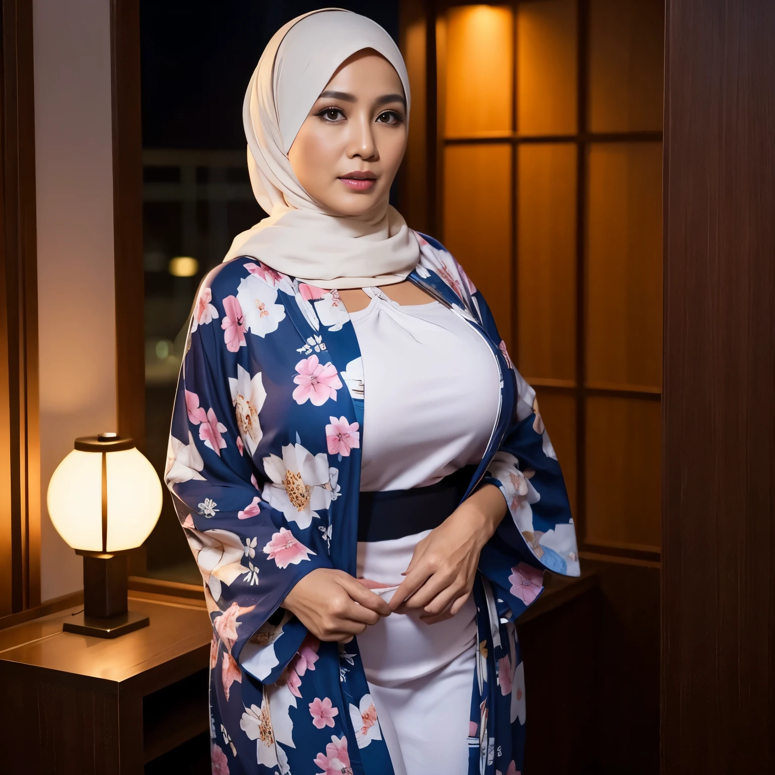 54 years Old, Hijab Indonesian mature woman, Ulta-Gigantic Tits, Tight Yukata, Busty body, at doctor office, Dark light, at Nighttime