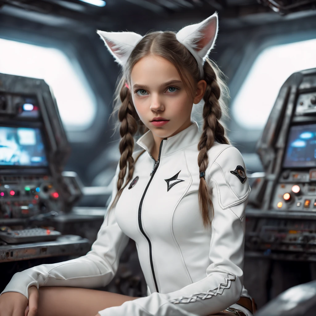 Young  girl,  (((White Race Western European girl ))), sitting on a bed,  in a cyberpunk steel bunker with hatches etc.,  in the background. she  wearing white cats ears. She has twintail hairstyle. 13 years old girl,  slim petite,  small girl,  beautiful breasts.  Masterpiece,  8k,  4k,  high resolution,  dslr,  ultra quality,  sharp focus,  tack sharp,  dof,  film grain,  Fujifilm XT3,  crystal clear,  8K UHD,  highly detailed eyes,  high detailed skin,  skin pores,  seductive,   look,  bewitching lady with beautiful long hair,  brown eyes,  full lips,  long legs,  lovely face wearing torn vaultsuit clothes. , realistic colors, realistic, natalee, photorealistic, (((WHITE race Western,GIRL)))