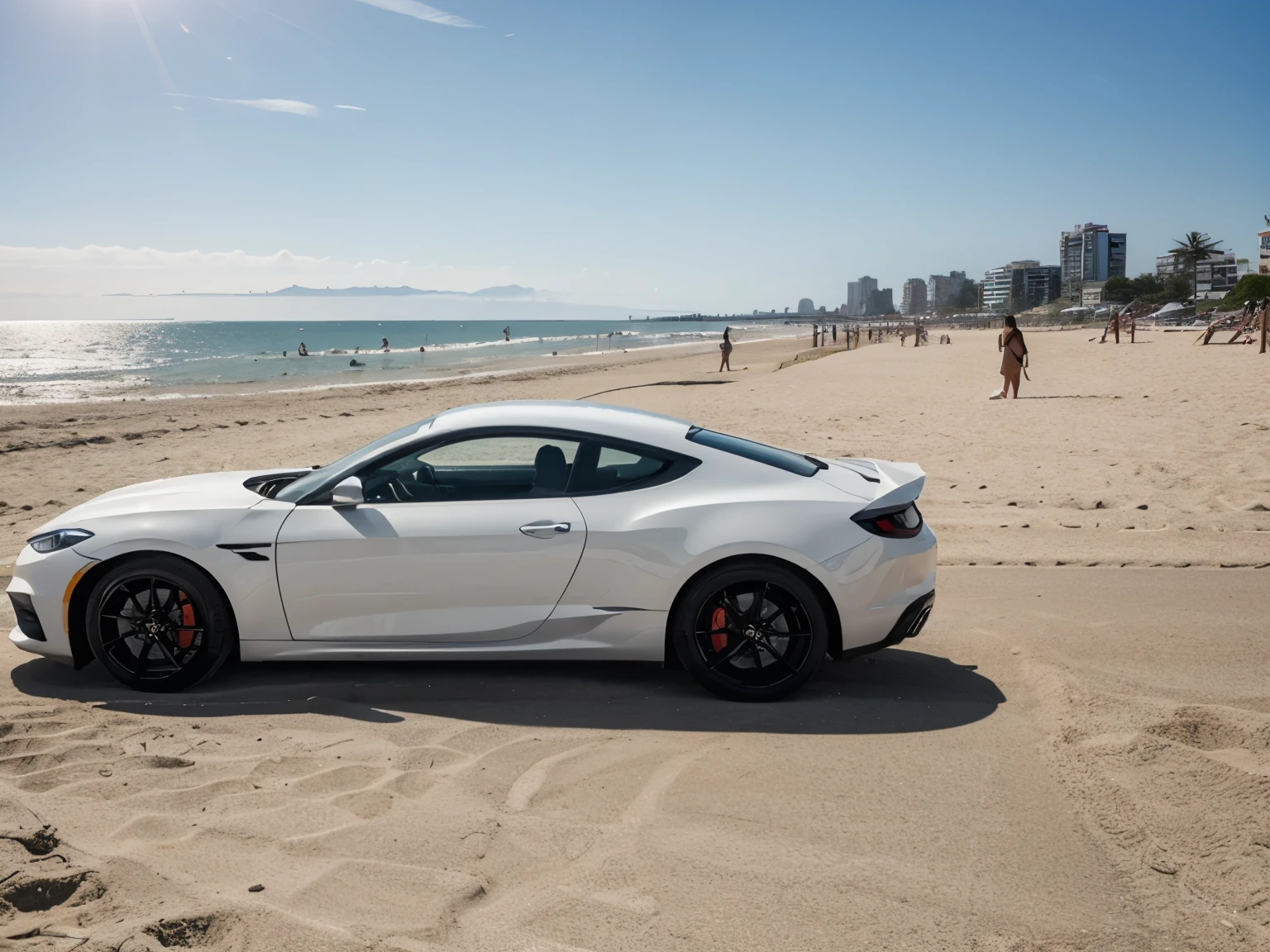 White sport car, single, people on beach, parking, beach and city background, daytime, high details, 8k, masterpiece