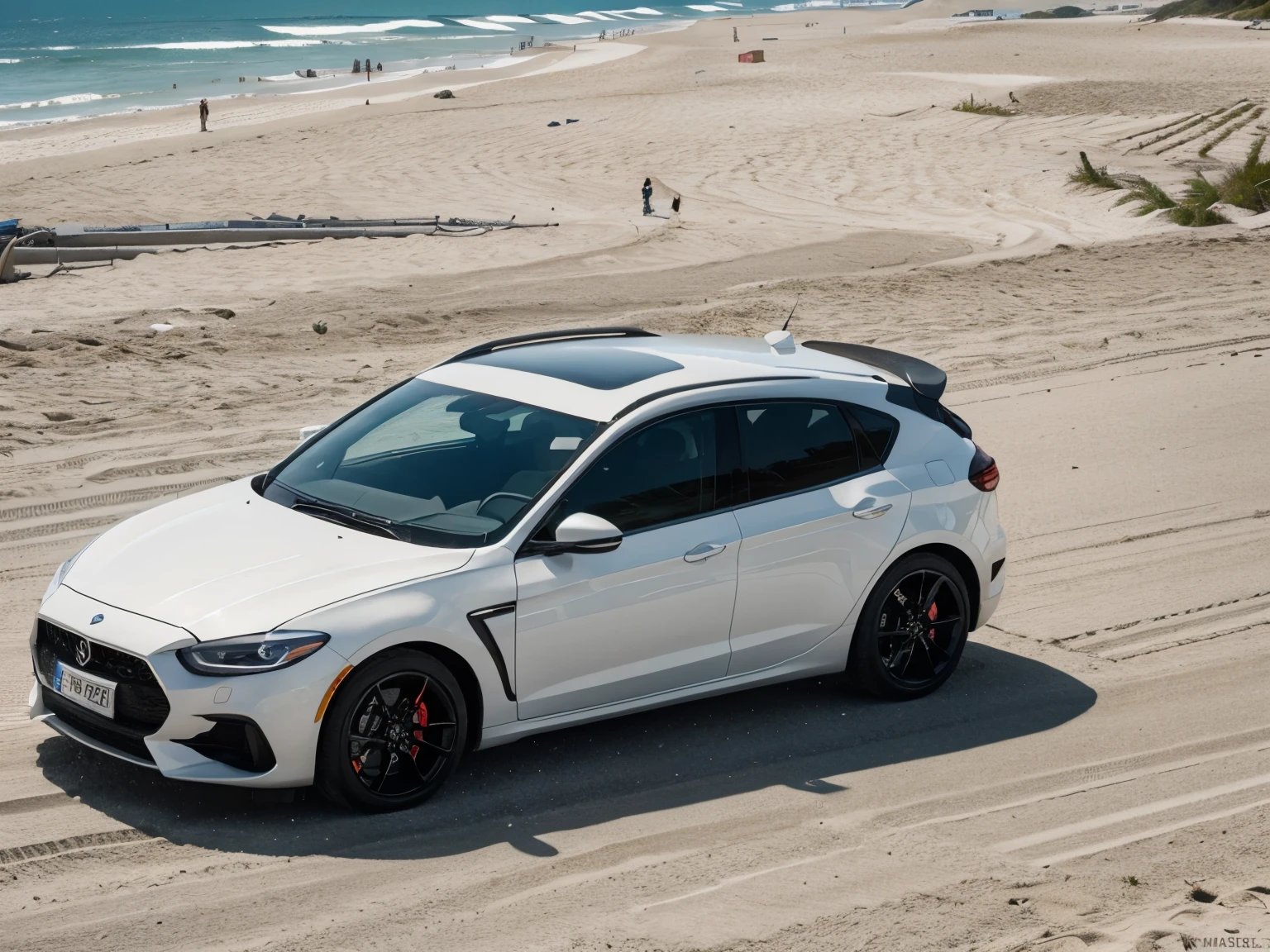 White sport car, single, people on beach, parking, beach and city background, daytime, high details, 8k, masterpiece