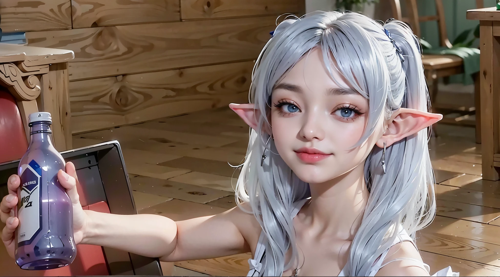 (narrow eyes：1.2、Smirk:1.2),25 years old、Adult woman：1.1、green eyes：1.2、purple bottle、white clothes、silver eyebrows：1.3、high elf：1.2、elf ears、beautiful ears、silver hair：1.2、short eyebrows、twin tails、red earrings：1.2、detailed hair、movie writing、(best quality, 8K, 32K, muste piece, ticker:1.2)