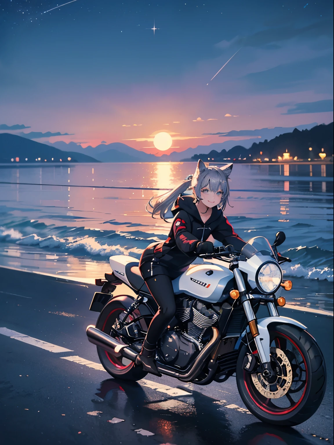 road by the sea,small and cute girl, fashionable witch, summer vacation, Neon color, motorcycle,(long silver twin tail)、master piece、high quality、Scenic spots、evening、starry sky、glowing effect、movie「cute smiling girl」、furry ears、8K、cool bike、ideal style